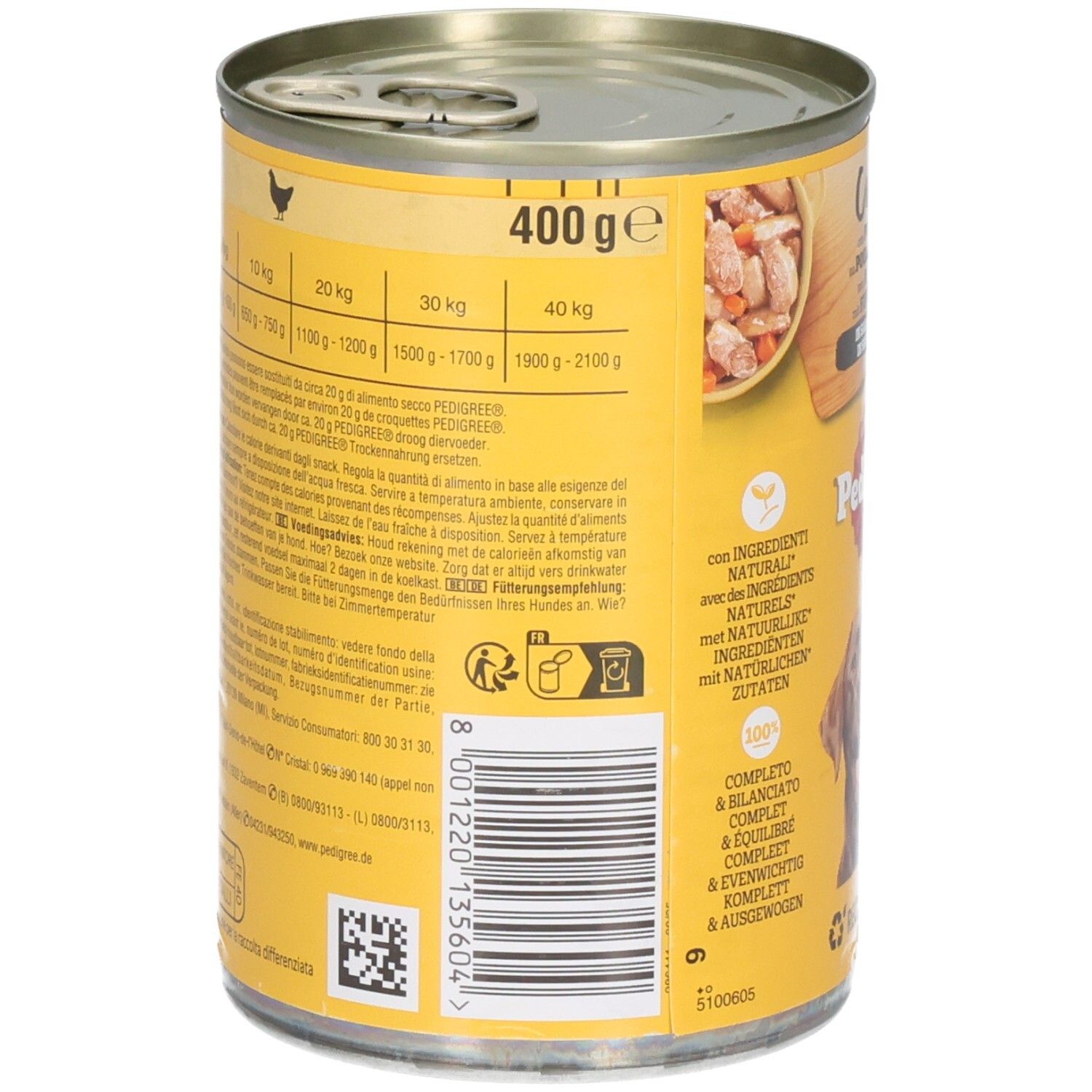 Arrière d'une boîte de nourriture pour chien Pedigree avec informations nutritionnelles et code-barres.