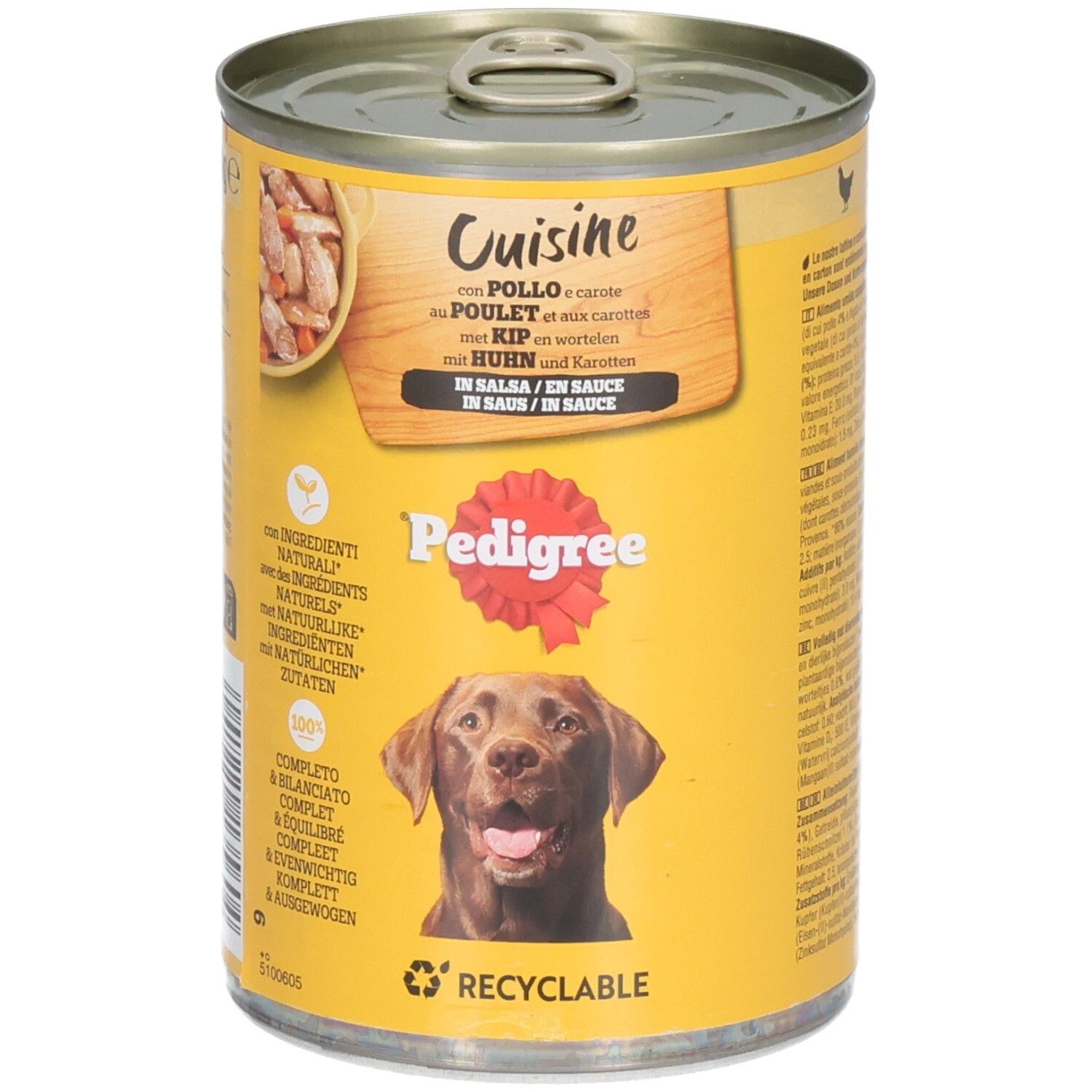 Boîte de nourriture pour chien Pedigree au poulet et carottes, avec l'image d'un Labrador.