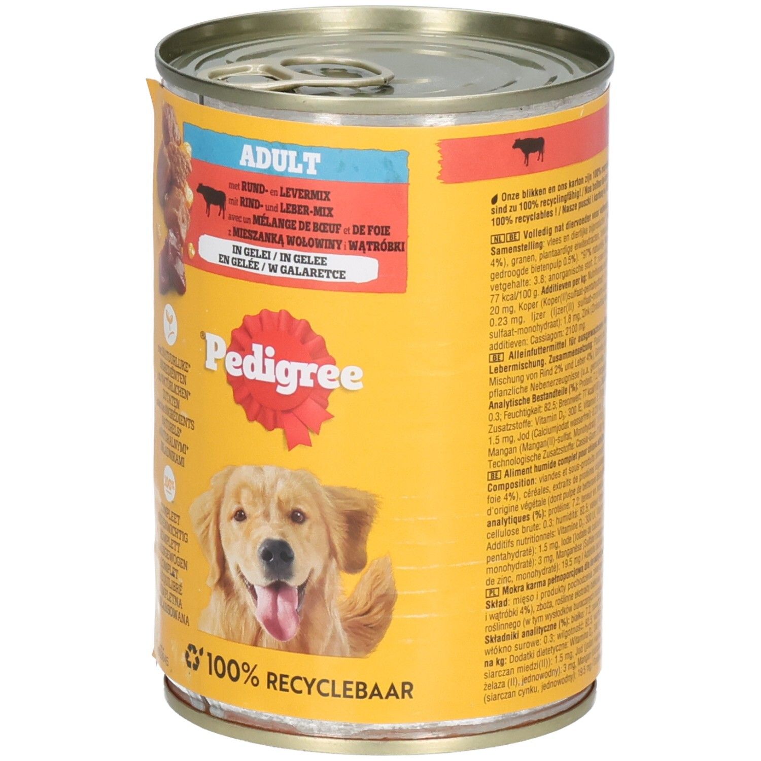 Avant d'une boîte Pedigree Adulte bœuf et mélange foie, montre un Golden Retriever.