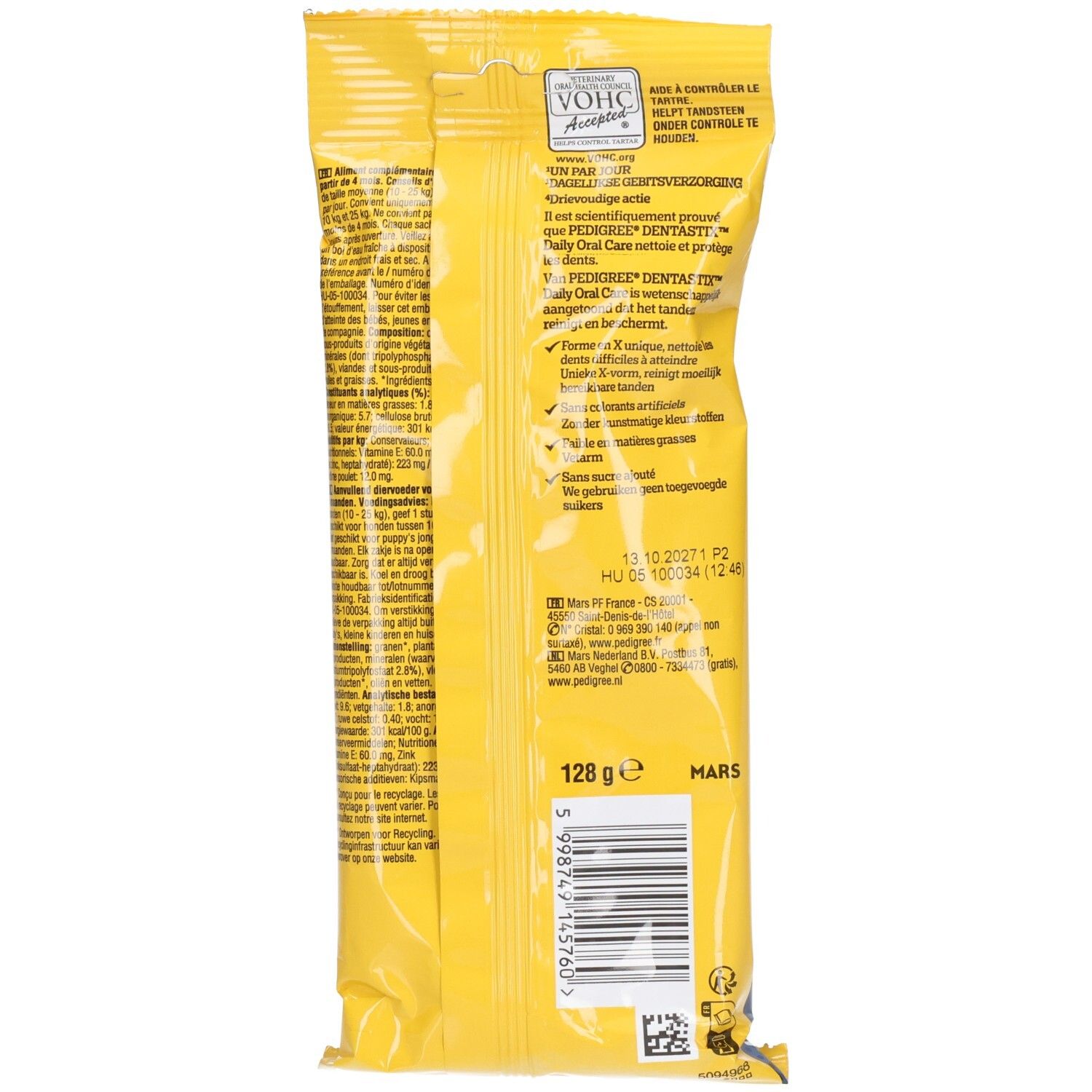 Arrière de l'emballage Pedigree Dentastix avec code-barres et informations produit.
