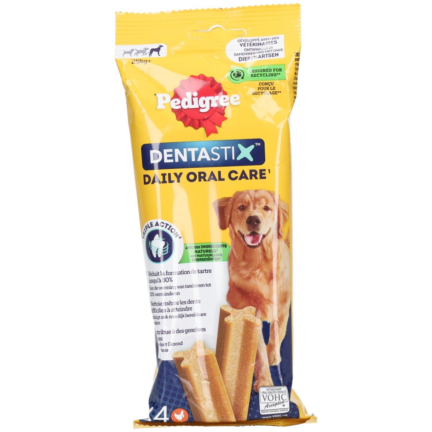 Pedigree Dentastix Maxi : Quatre snacks dentaires pour chiens dans un emballage jaune avec image de chien.
