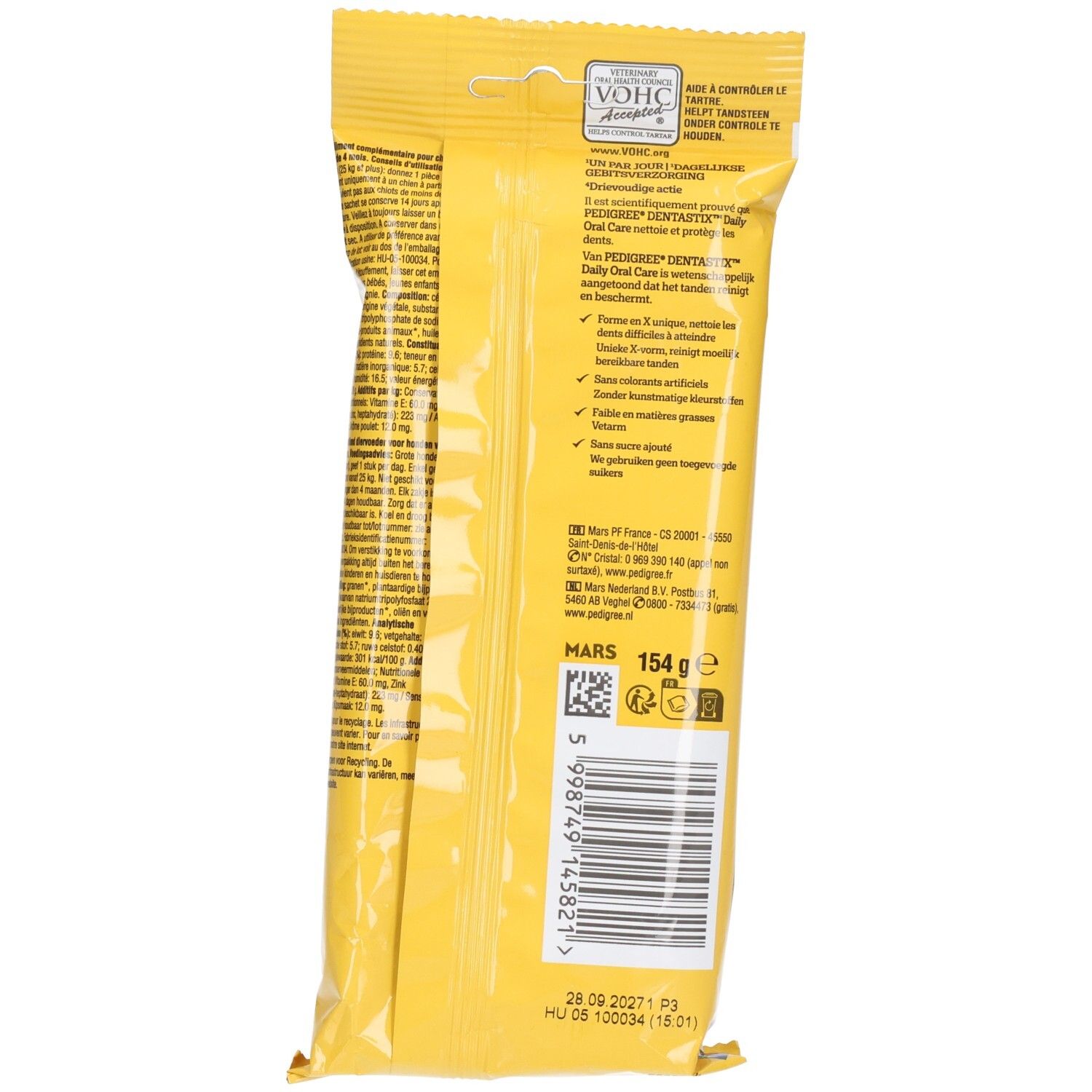 Arrière de l'emballage Pedigree Dentastix Maxi avec informations produit et code-barres.