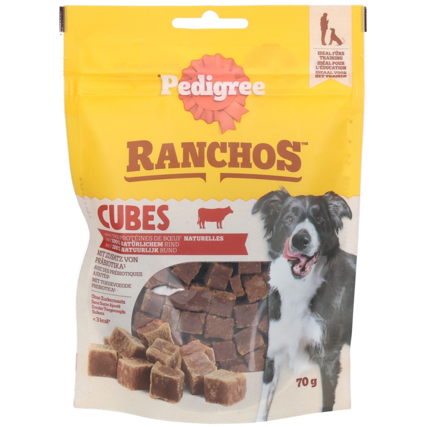 Pedigree Ranchos Cubes Boeuf : friandises pour chien en sachet, avec chien et cubes.