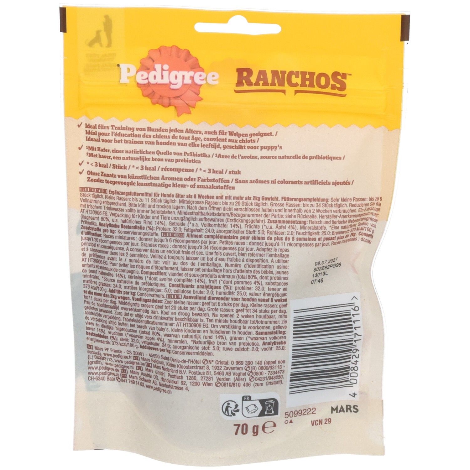 Pedigree Ranchos Cubes Boeuf : dos du sachet avec informations produit.