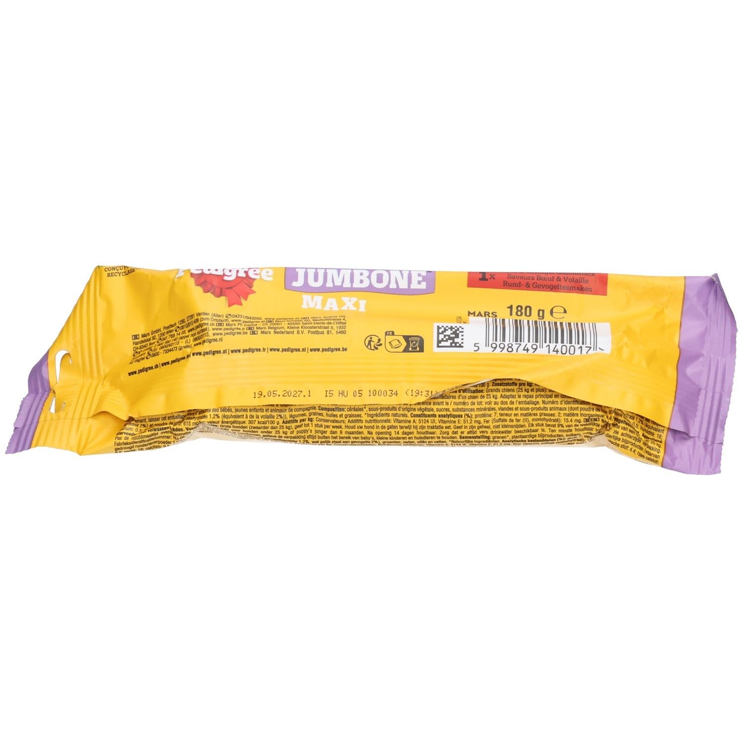Friandises pour chiens Pedigree Ranchos Cubes, sachet jaune avec chien et cubes.