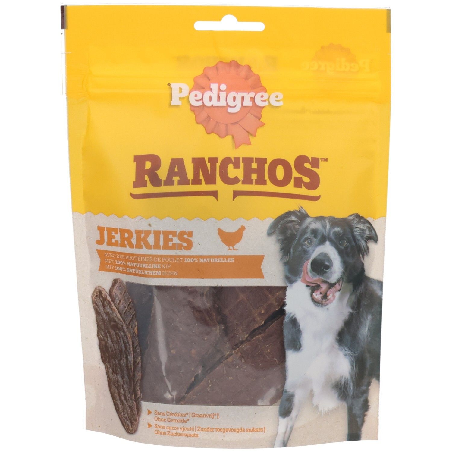 Friandises pour chien Pedigree Ranchos Jerkies dans un emballage jaune avec une image de chien.