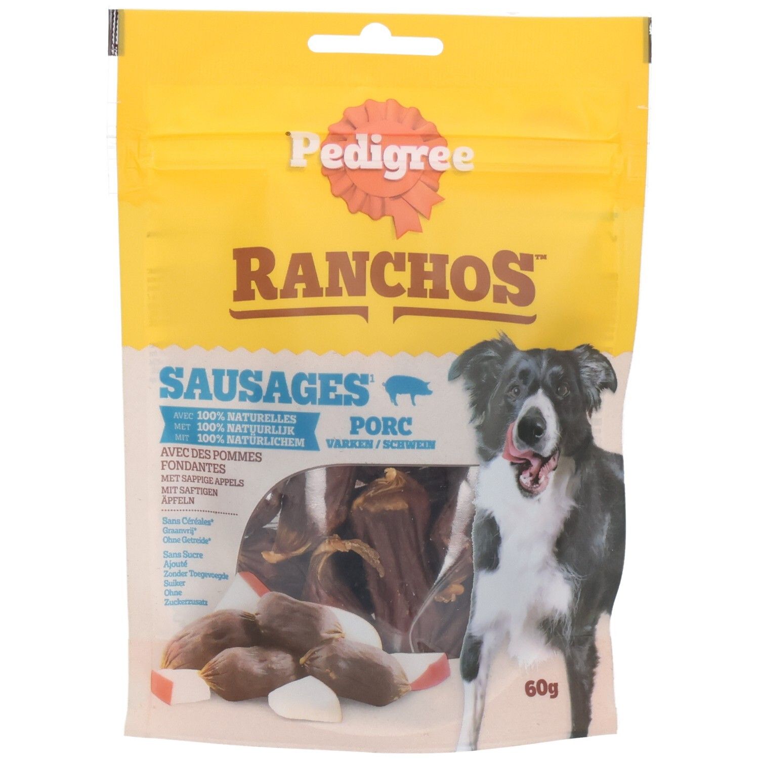 Saucisses Pedigree Ranchos pour chien dans un emballage jaune avec une image de chien.