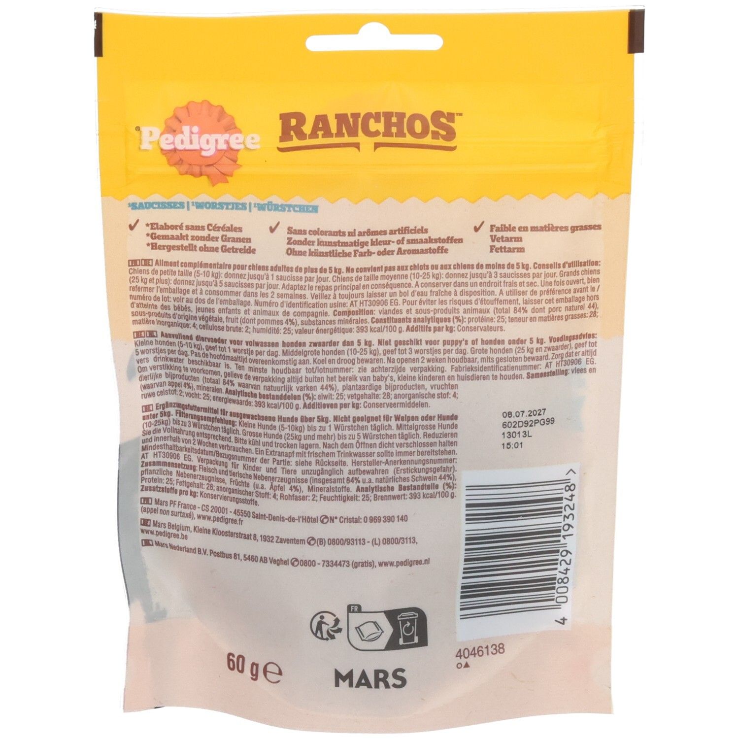 Mélange de saveurs Pedigree Schmackos pour chien dans un emballage jaune avec une image de chien.
