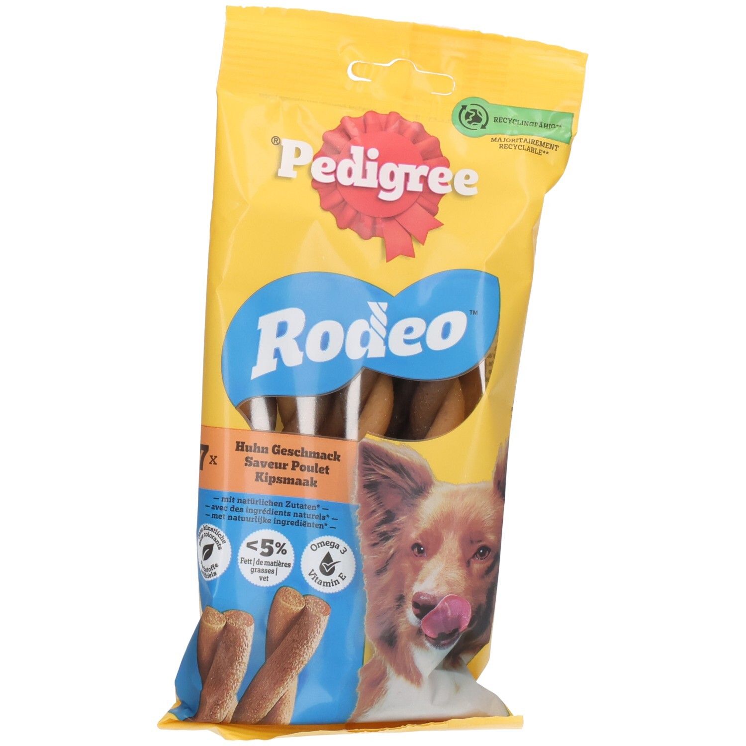 Friandises pour chien Pedigree Rodeo Kip dans un emballage jaune avec image de chien.