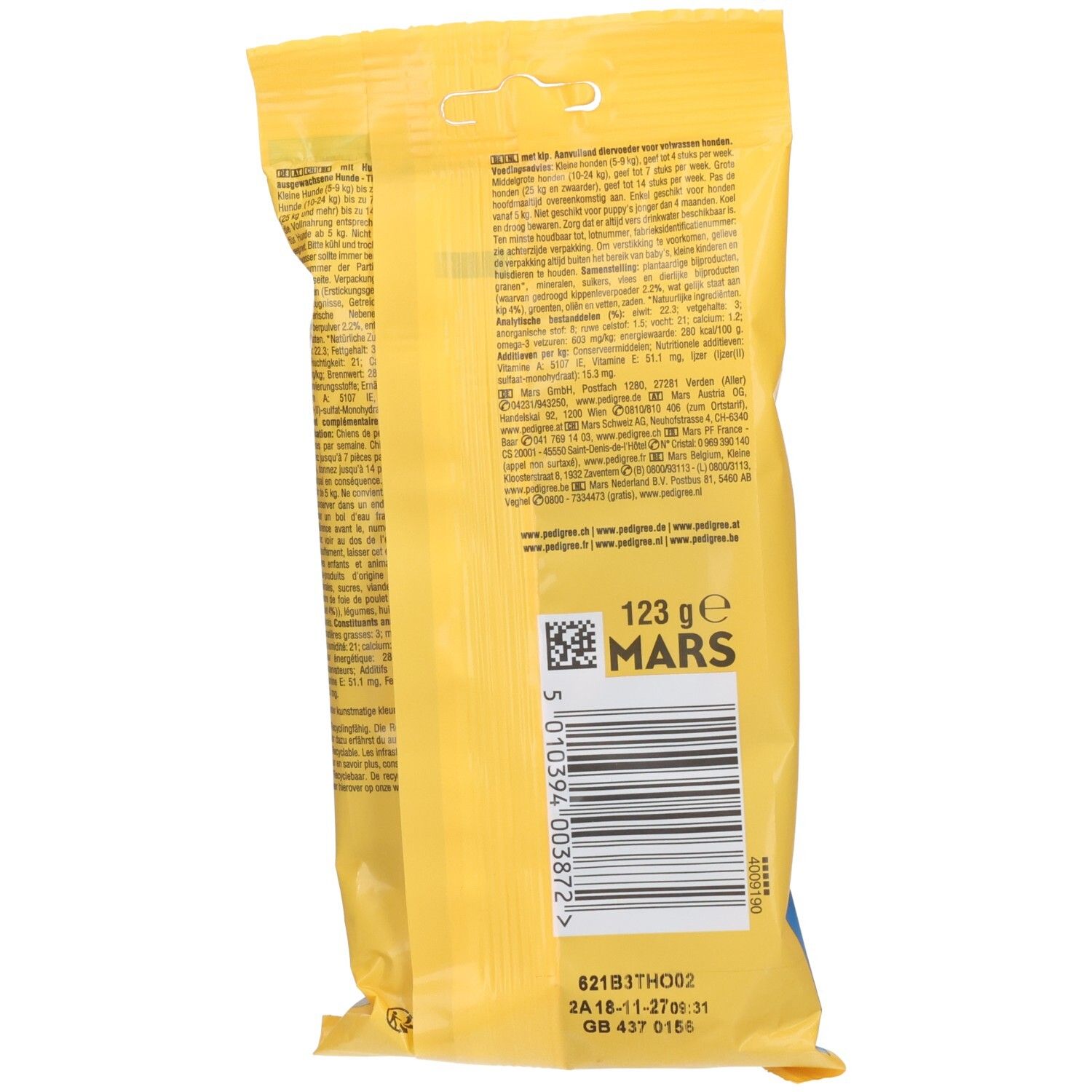 Arrière de l'emballage de friandises pour chien Pedigree Rodeo Kip avec informations nutritionnelles.