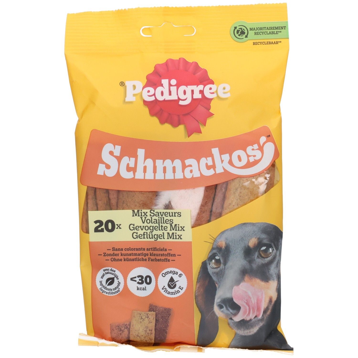 Pedigree Schmackos Gevogelte : Emballage jaune avec visage de chien et mélange volaille 20x.
