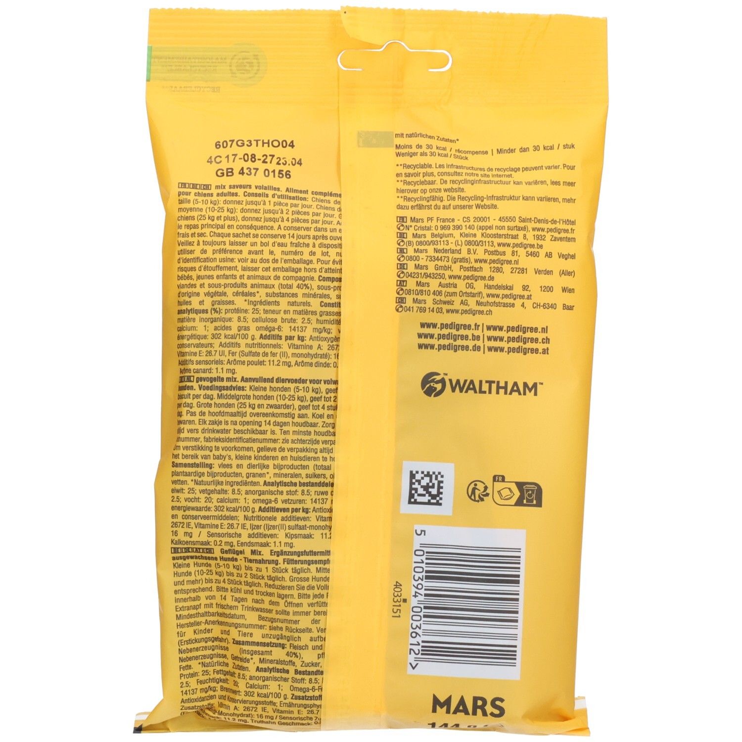 Arrière de l'emballage Pedigree Schmackos Gevogelte avec informations nutritionnelles et fabricant.