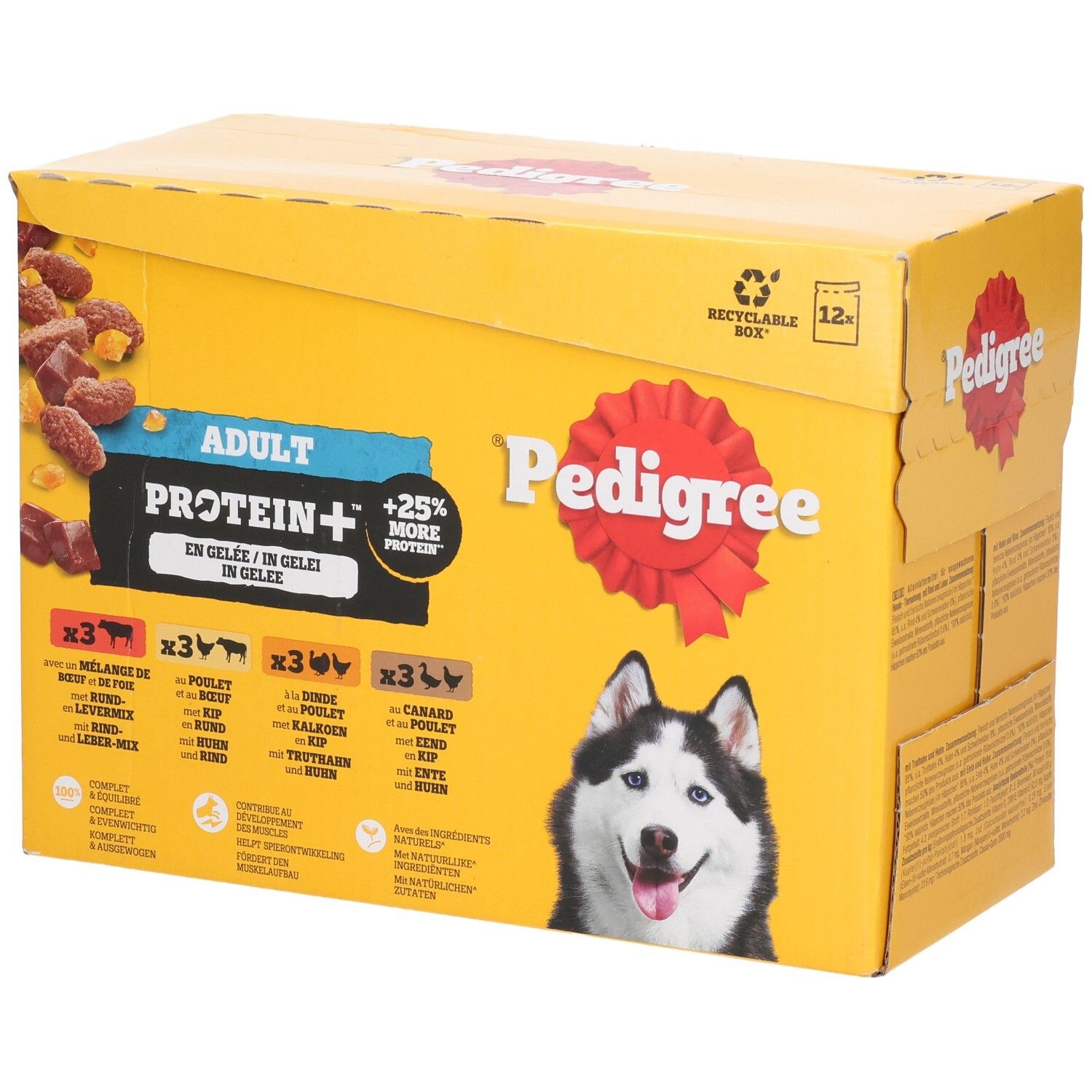 Pedigree Adulte Protein+ nourriture pour chien en gelée, pack de 12. Contient bœuf, poulet, agneau et dinde.