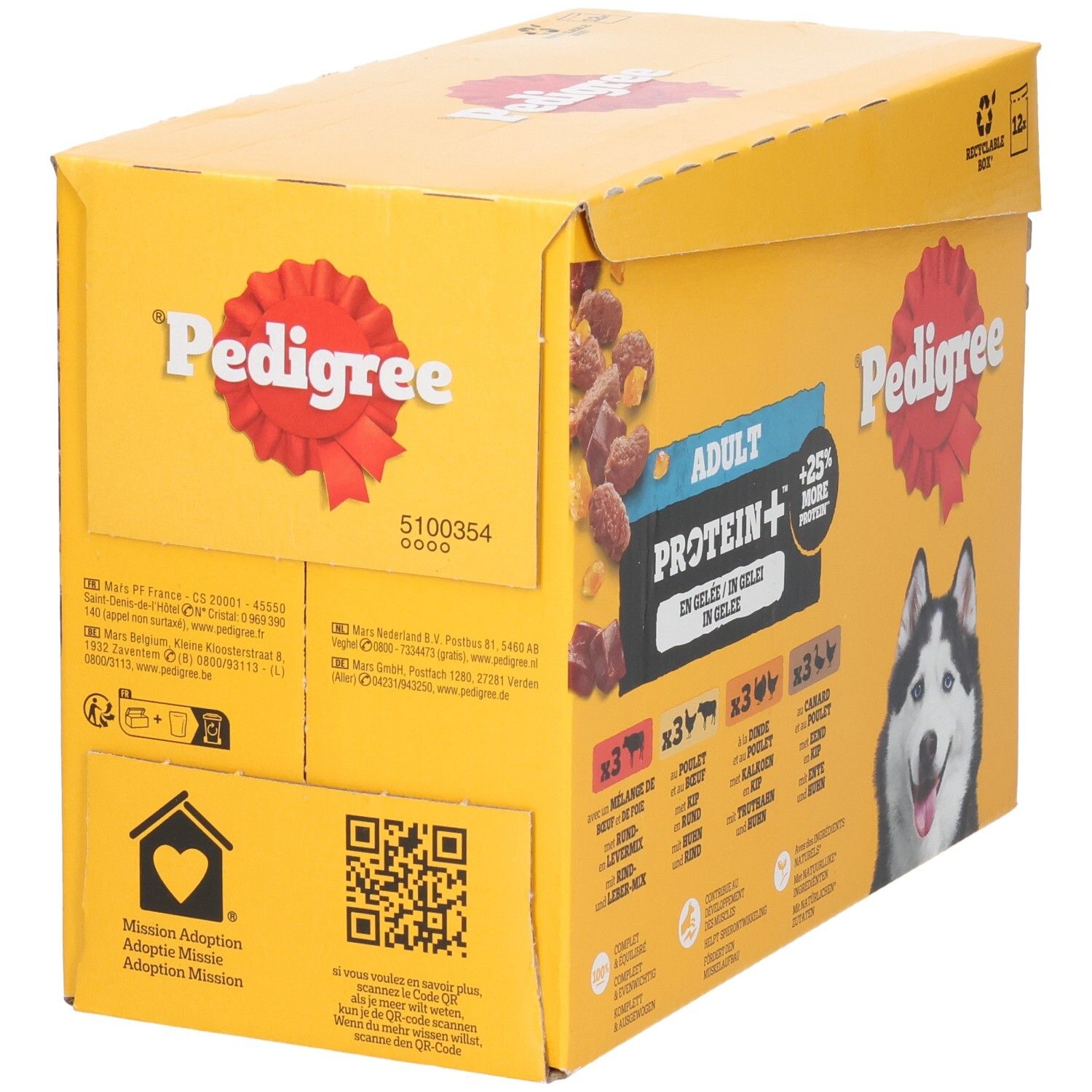 Arrière de l'emballage Pedigree Adulte Protein+ nourriture pour chien avec informations sur la digestion et les ingrédients.