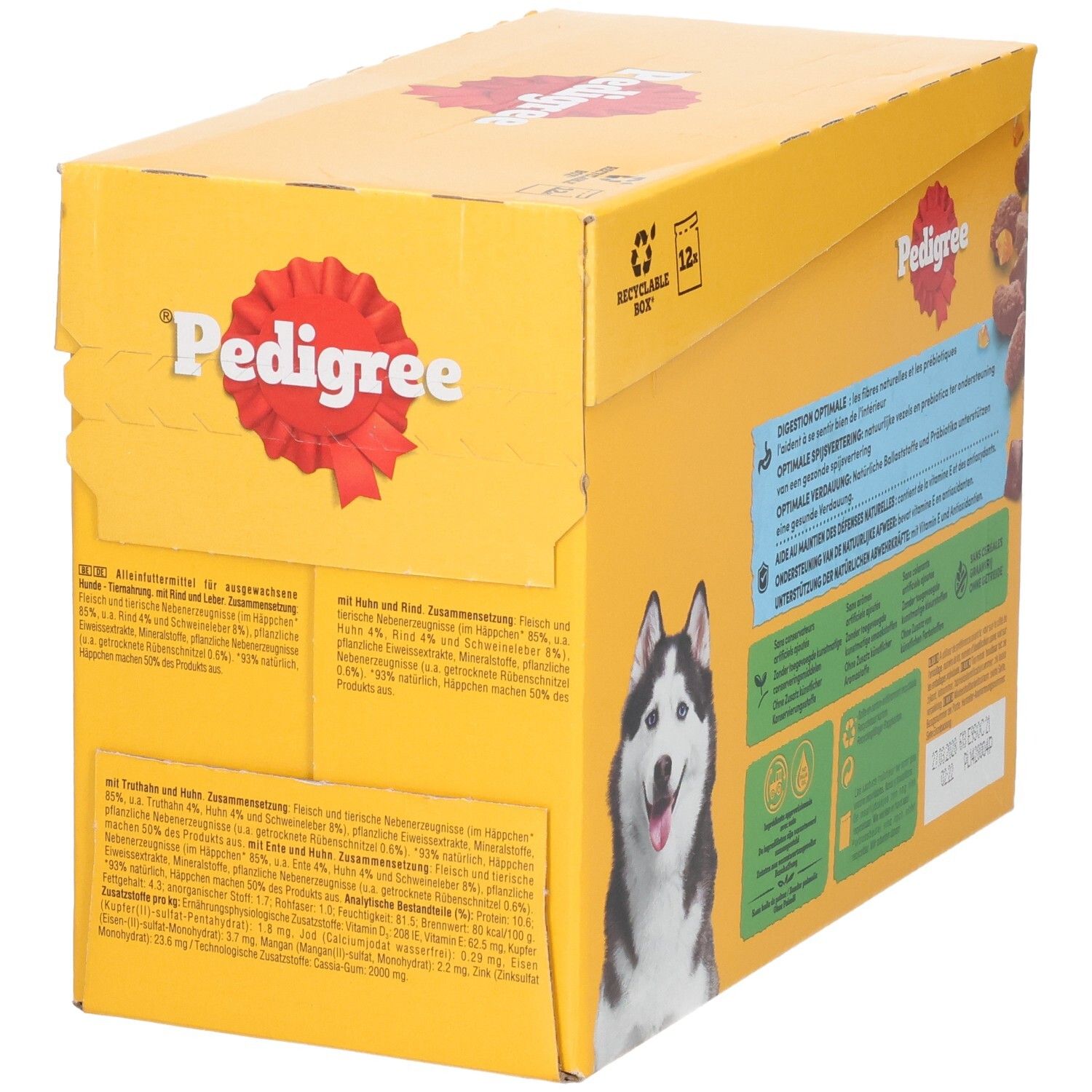 Vue latérale de l'emballage Pedigree Adulte Protein+ nourriture pour chien avec détails sur les ingrédients et les valeurs nutritionnelles.