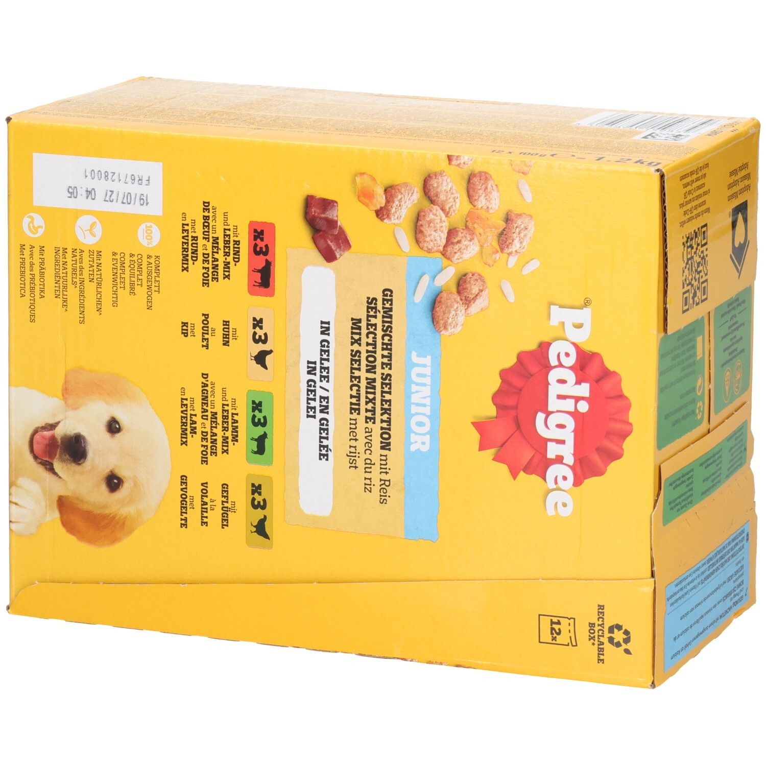 Pedigree Junior nourriture humide, sélection mixte en gelée avec riz.