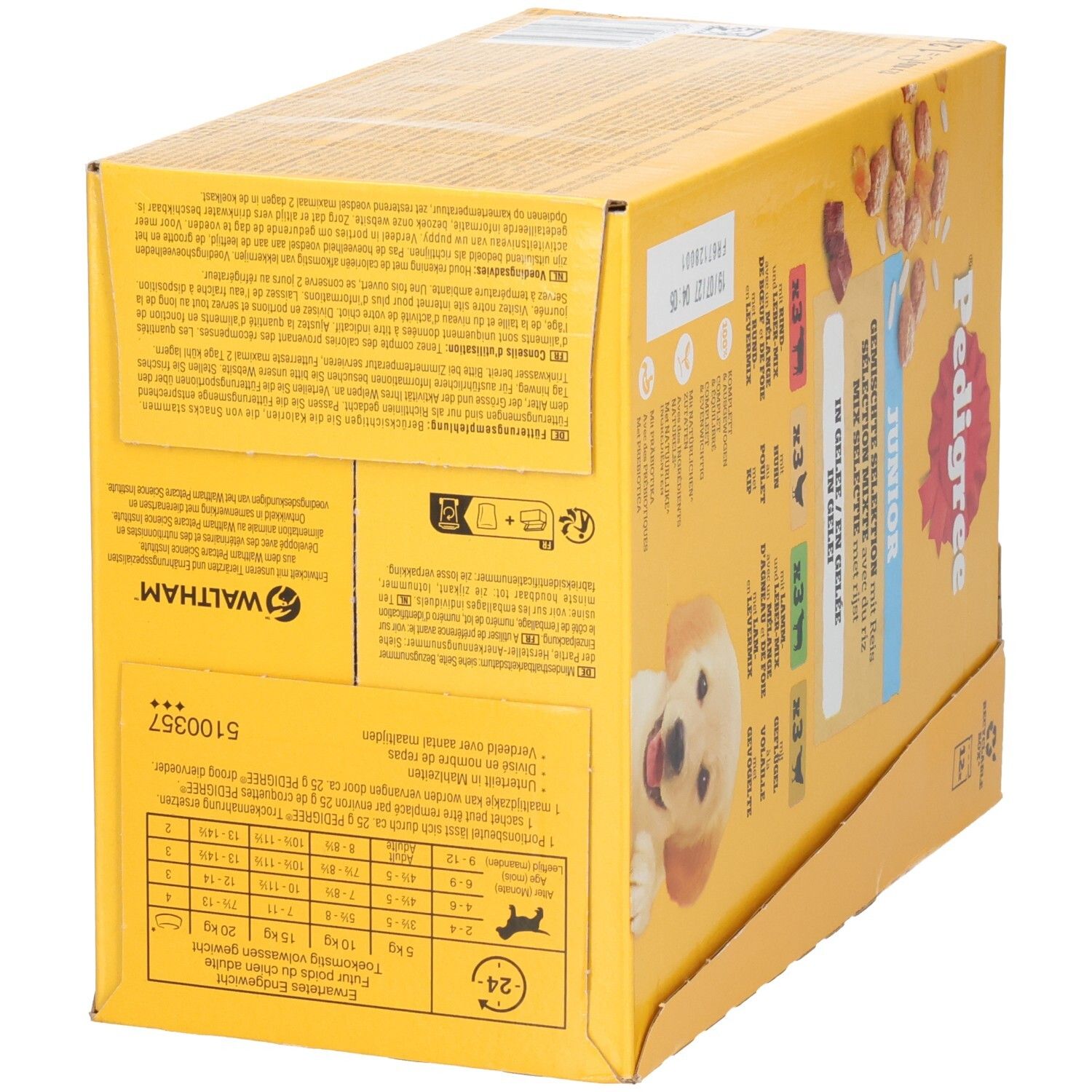 Boîte de nourriture pour chien Pedigree avec motif de chiot et tableau d'alimentation.