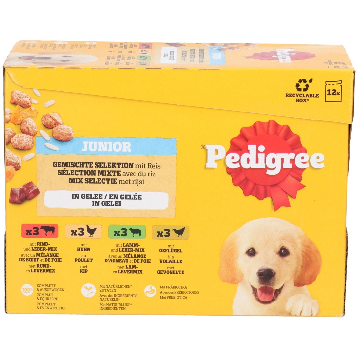 Pedigree Junior nourriture humide, sélection mixte en gelée avec riz.