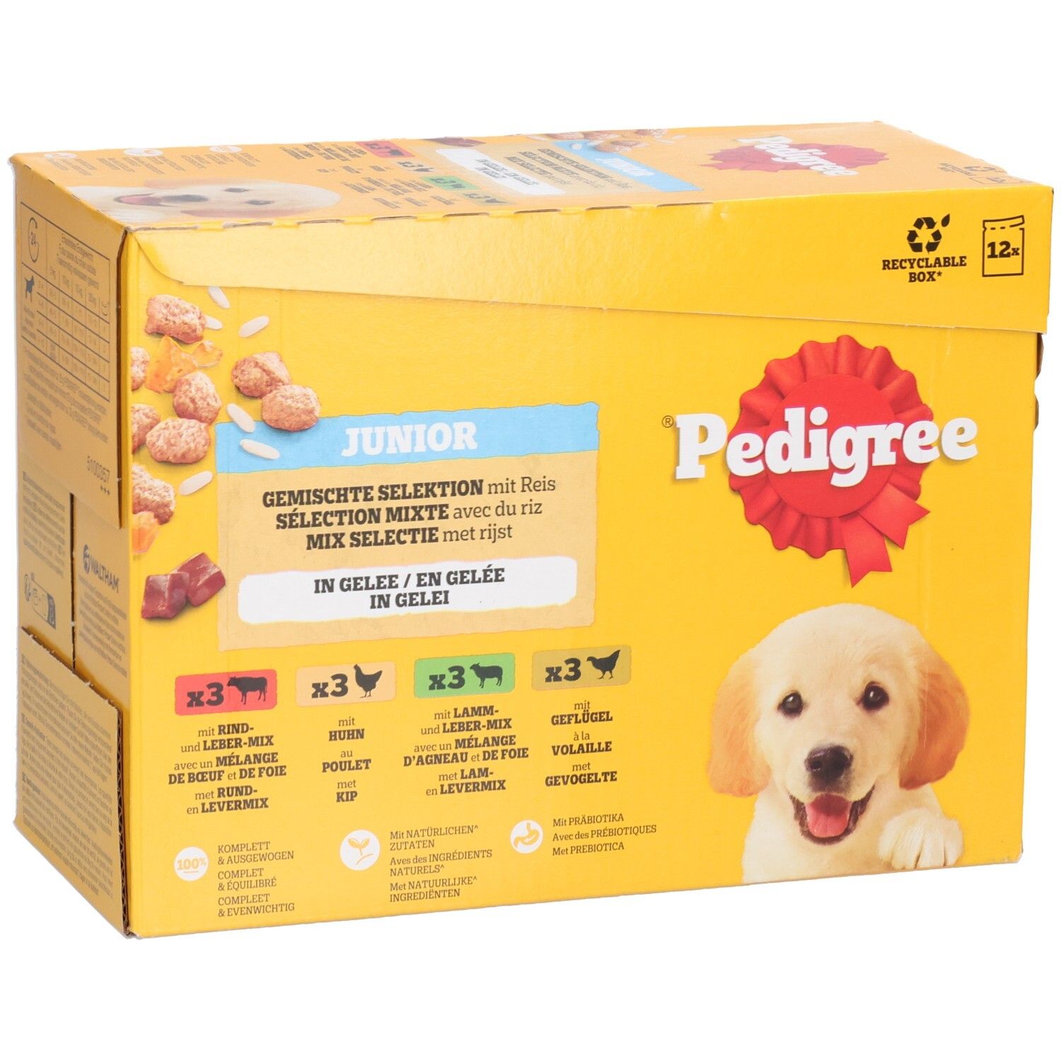 Pedigree Junior nourriture humide, sélection mixte en gelée avec riz.