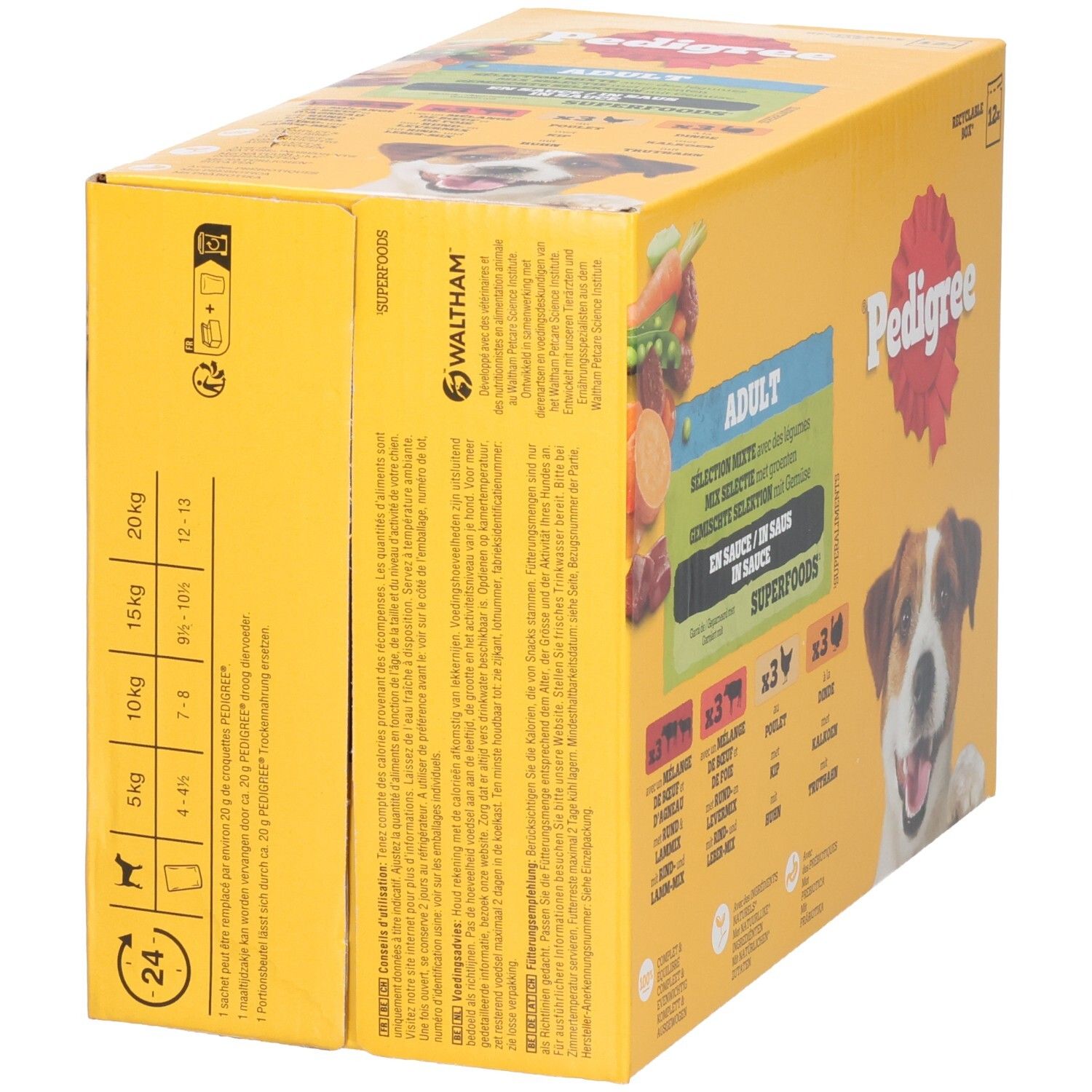 Boîte Pedigree Adulte Superfoods nourriture pour chien avec légumes, vue latérale avec guide d'alimentation.