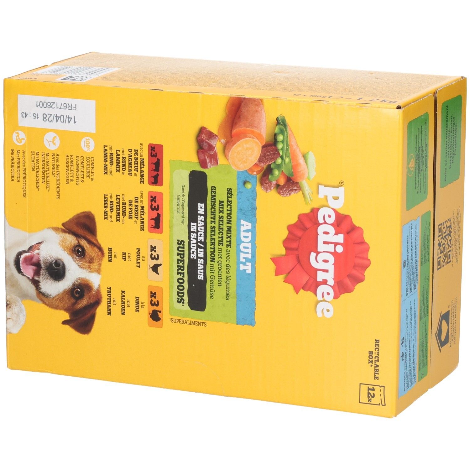 Boîte Pedigree Adulte Superfoods nourriture pour chien avec légumes, face avant avec visage de chien et saveurs.