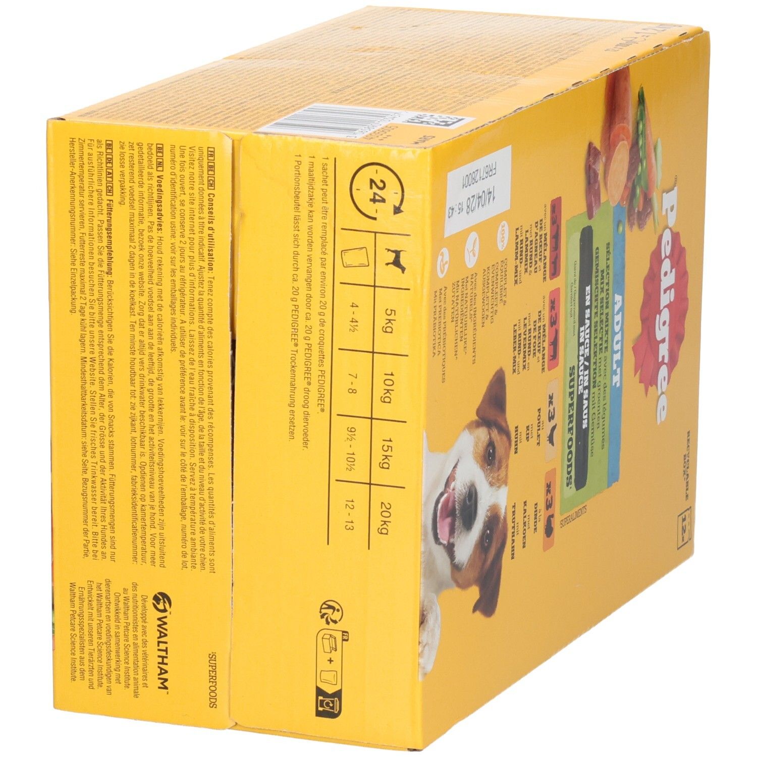 Boîte Pedigree Adulte Superfoods nourriture pour chien avec légumes, dos avec tableau d'alimentation et ingrédients.