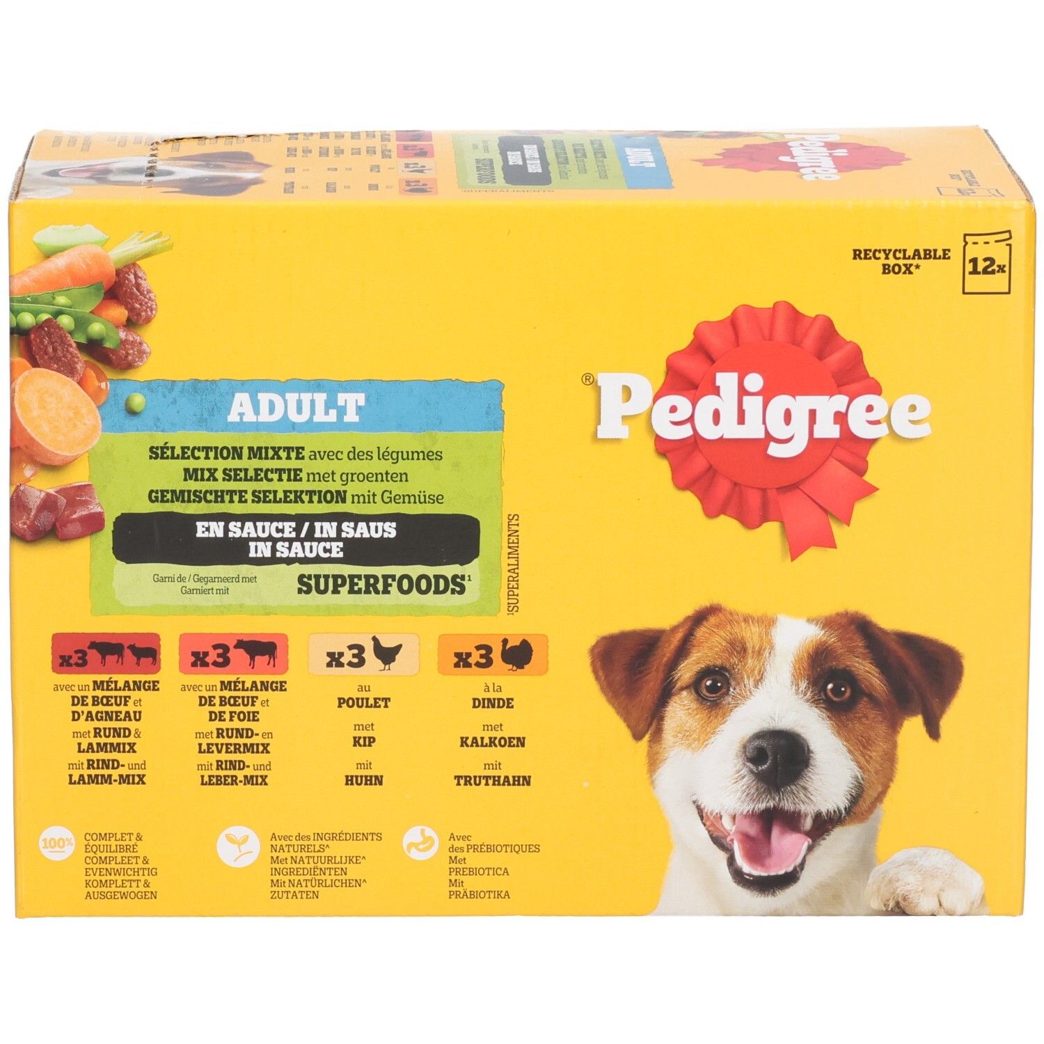 Boîte Pedigree Adulte Superfoods nourriture pour chien avec légumes, multipack 12x, face avant avec visage de chien.