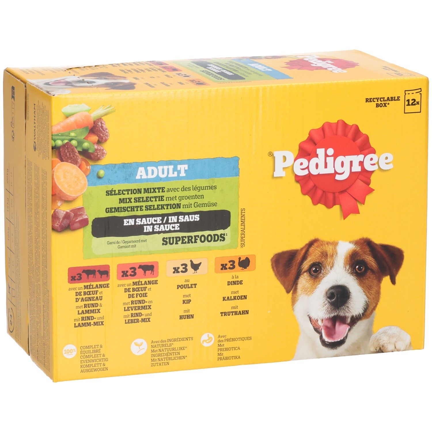Boîte Pedigree Adulte Superfoods nourriture pour chien avec légumes, vue de face avec visage de chien et saveurs.