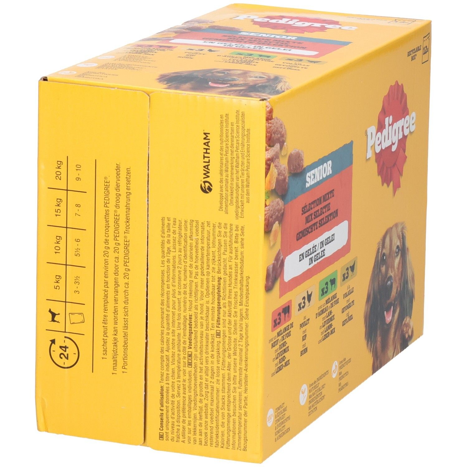 Boîte de 12 sachets Pedigree Protein+ Adulte en gelée pour chien. Contient bœuf, volaille et foie.