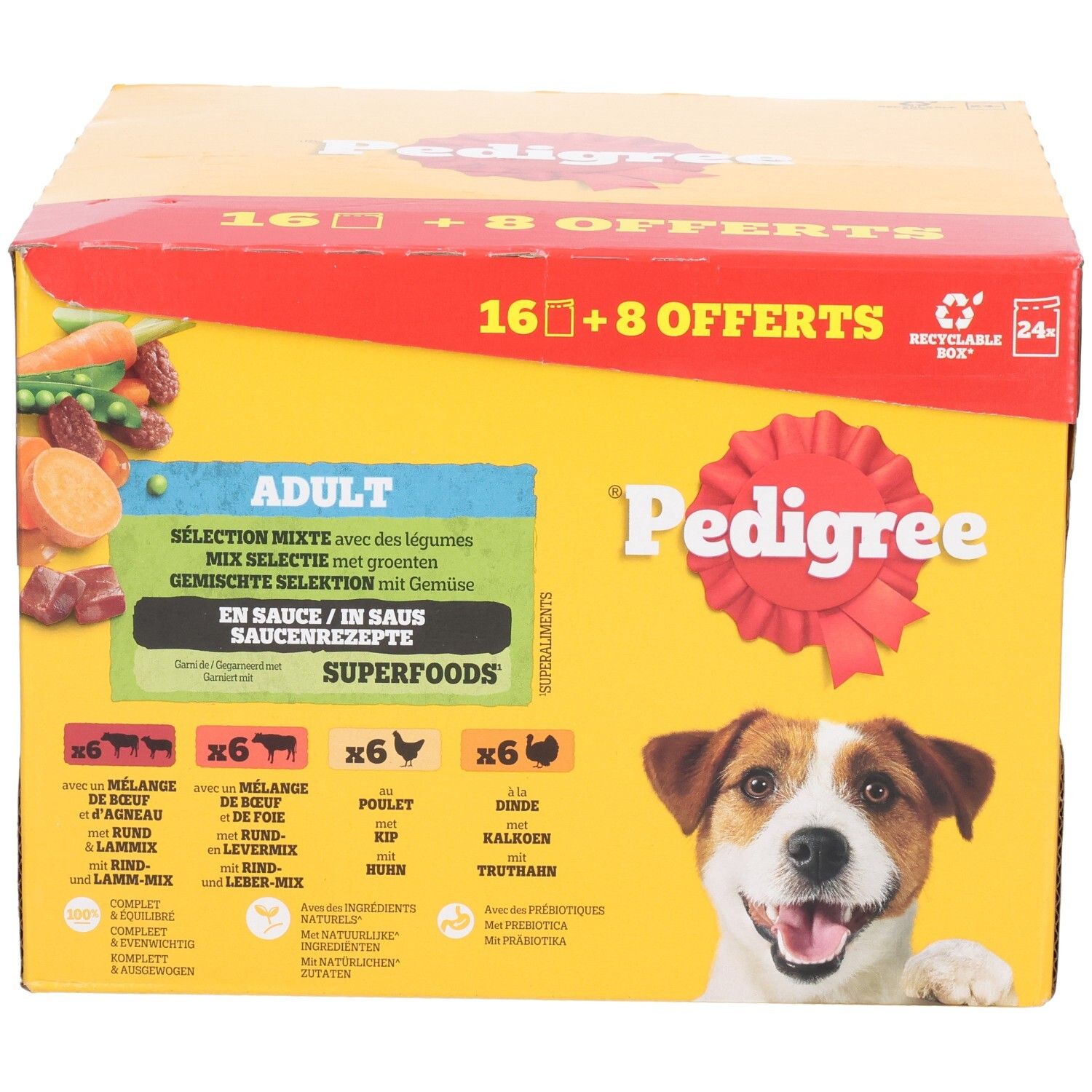 Avant d'une boîte Pedigree Multipack 16+8 Sachets Offerts, Adulte, sélection mixte.