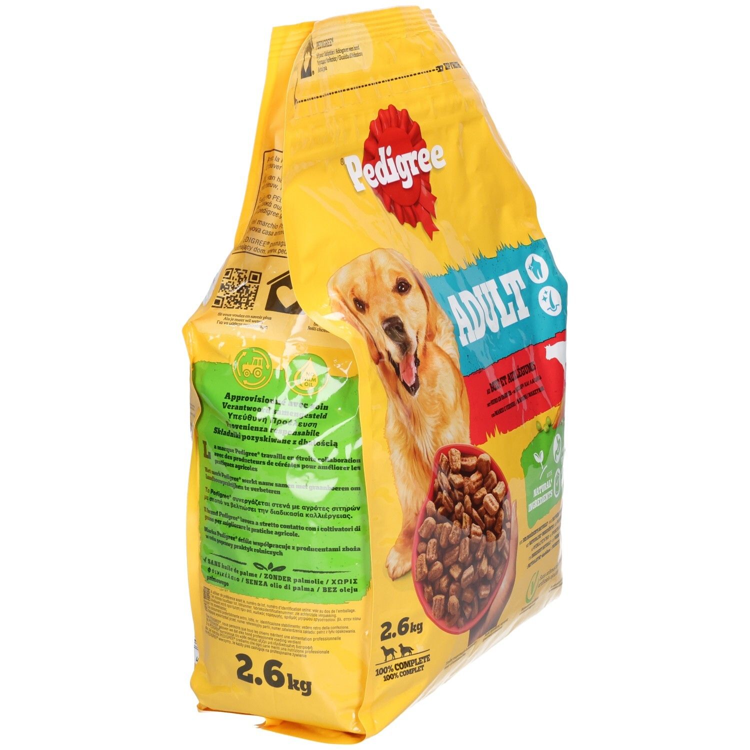Pedigree Adult nourriture pour chien, bœuf, sac de 2,6kg, vue latérale avec informations nutritionnelles.