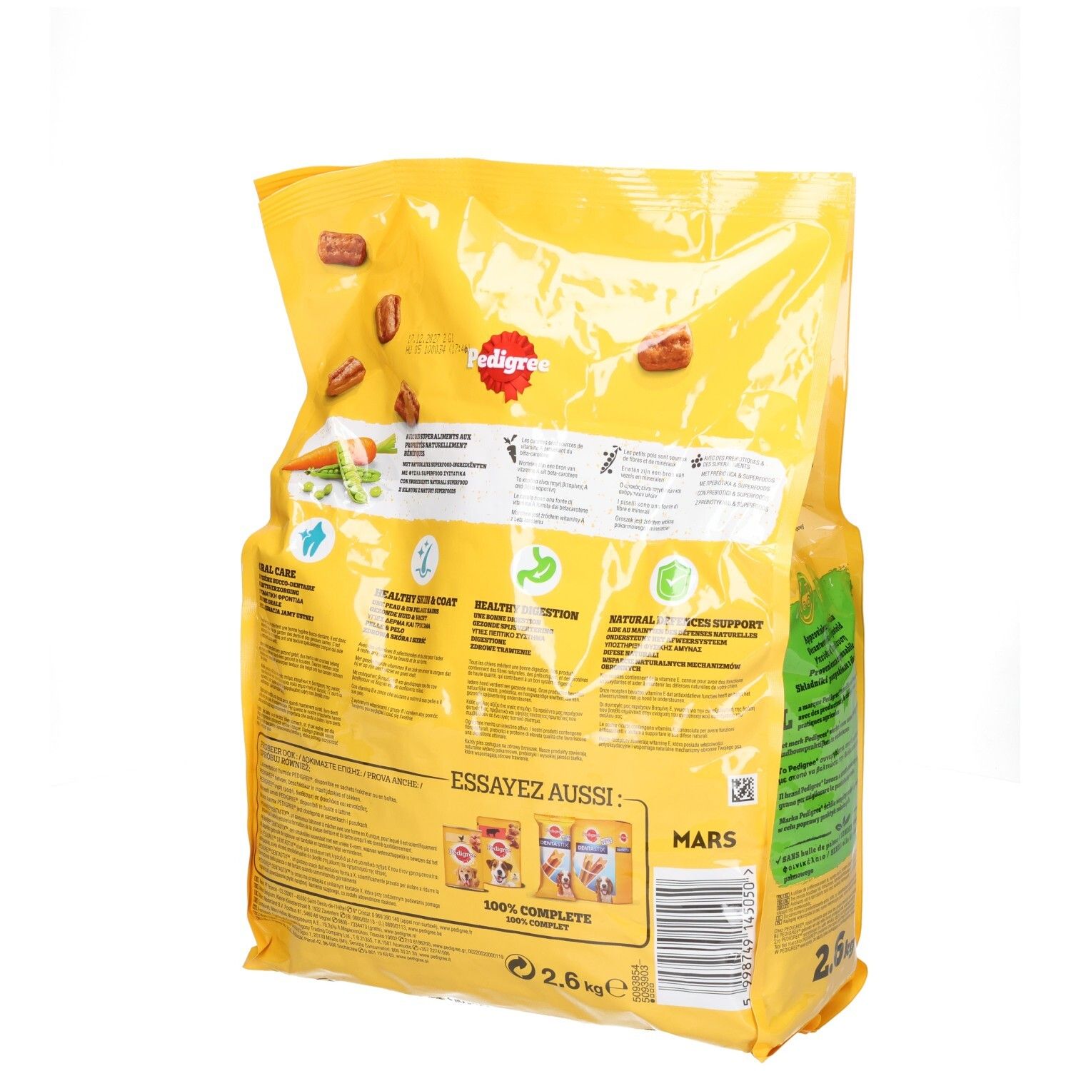 Pedigree Adult nourriture pour chien, bœuf, arrière du sac de 2,6kg avec informations détaillées.