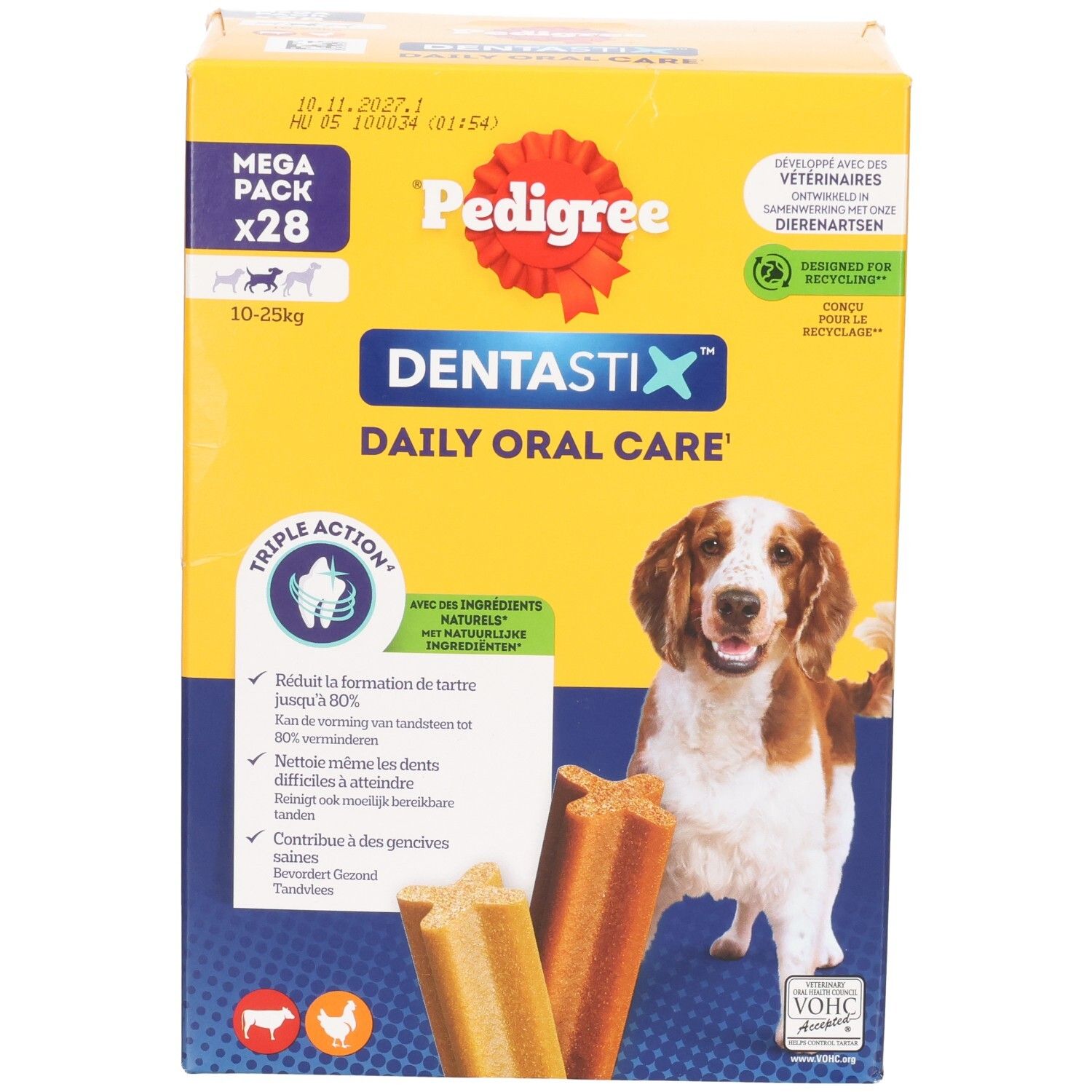 Boîte de nourriture pour chien Pedigree avec motif de chiot et tableau d'alimentation.