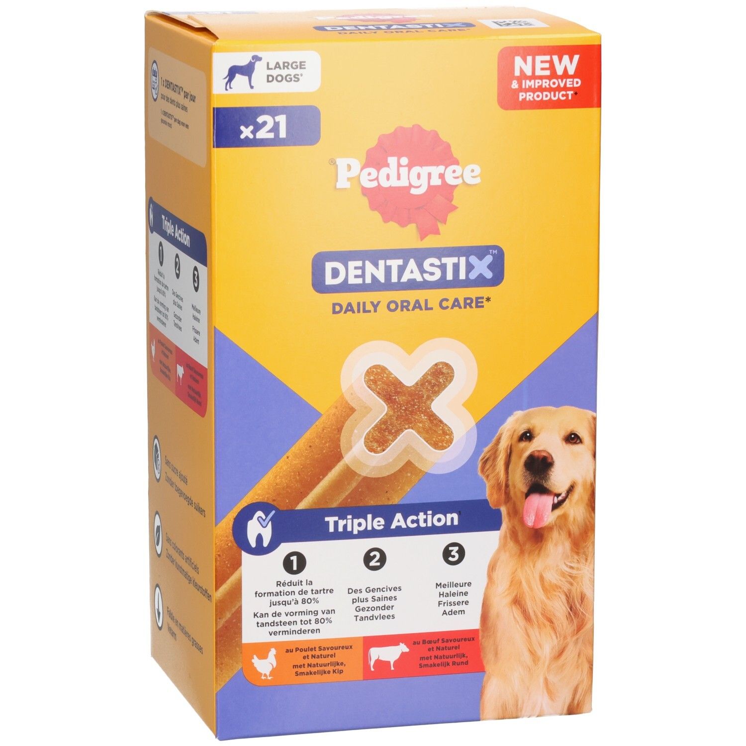 Emballage Pedigree Dentastix pour grands chiens, 21 pièces, face avant avec chien et caractéristiques produit.