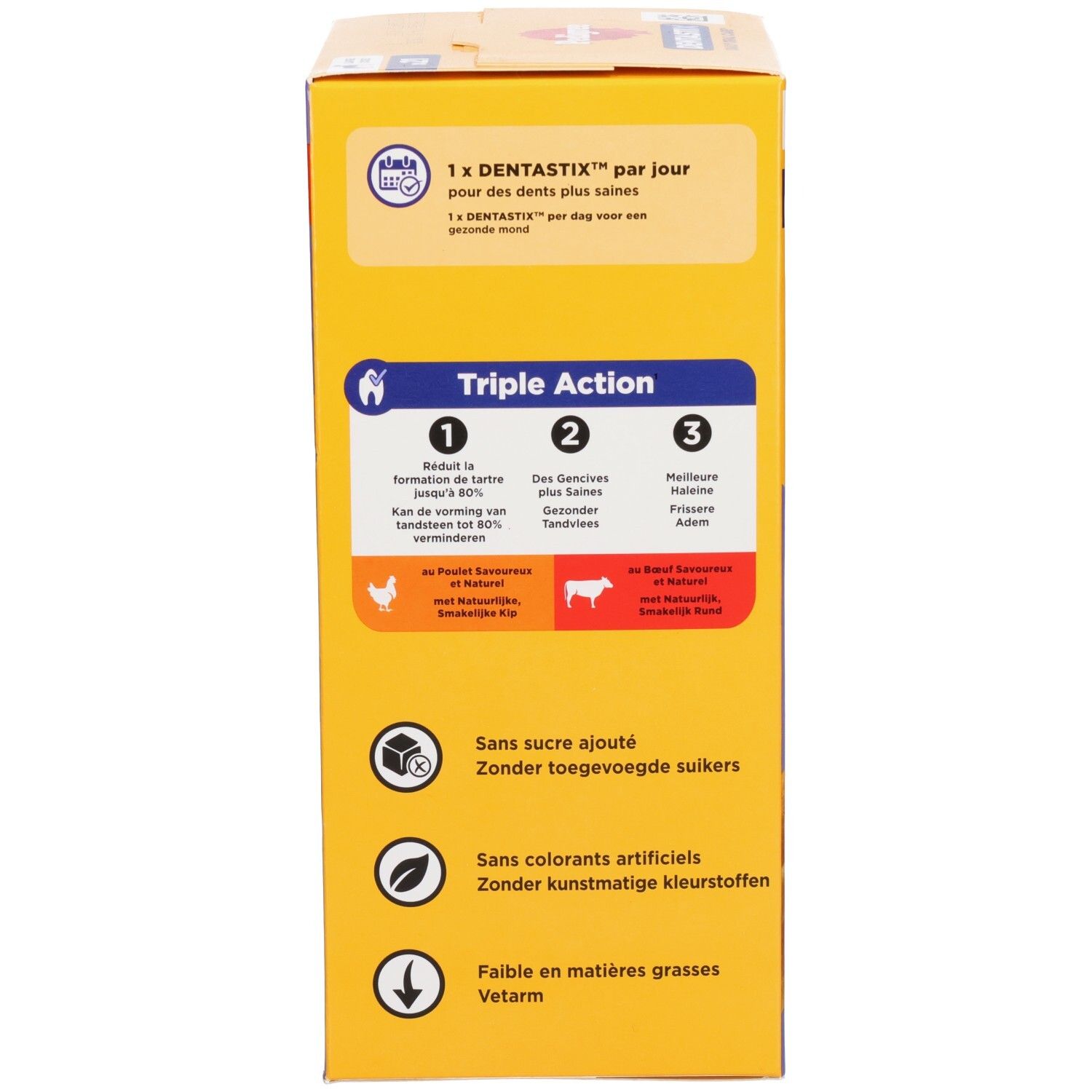 Emballage Pedigree Dentastix pour grands chiens, 21 pièces, face avant avec chien et caractéristiques produit.