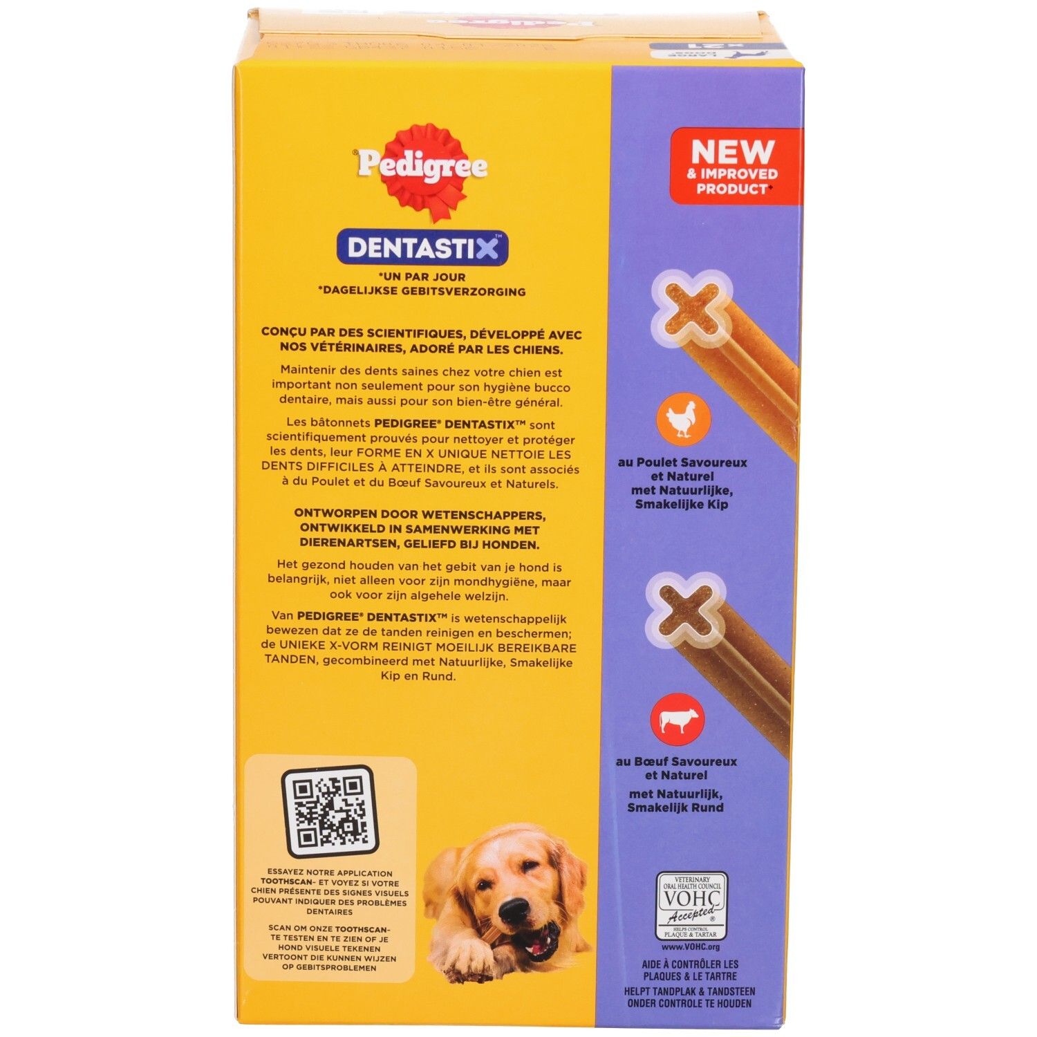 Boîte Pedigree Dentastix pour grands chiens avec race de chien.