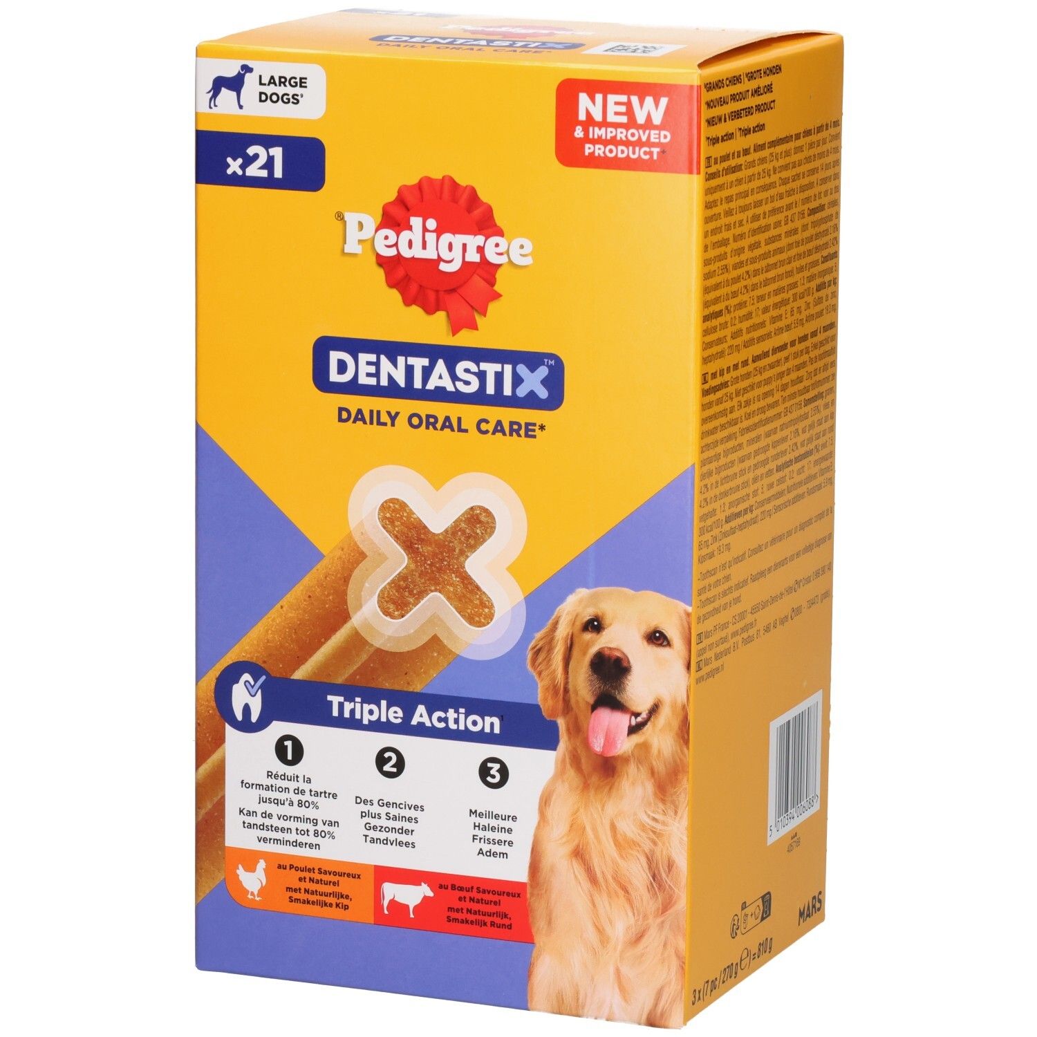 Emballage Pedigree Dentastix pour grands chiens, 21 pièces, face avant avec chien et caractéristiques produit.