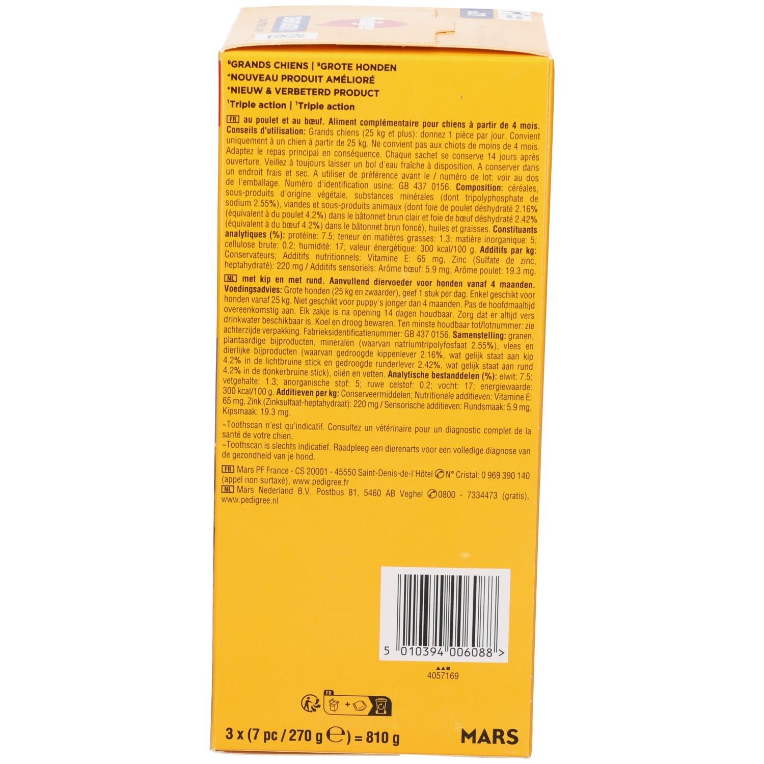 Emballage Pedigree Dentastix pour grands chiens, 3x7 pièces, avec informations produit.