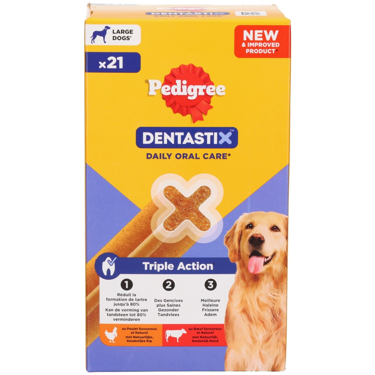 Boîte Pedigree Dentastix pour grands chiens avec race de chien.