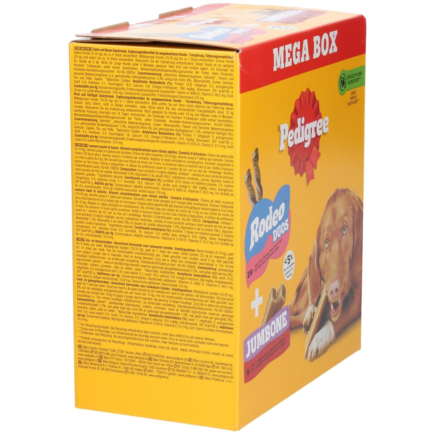 Arrière de la Pedigree Rodeo & Jumbone Megabox avec informations produit.