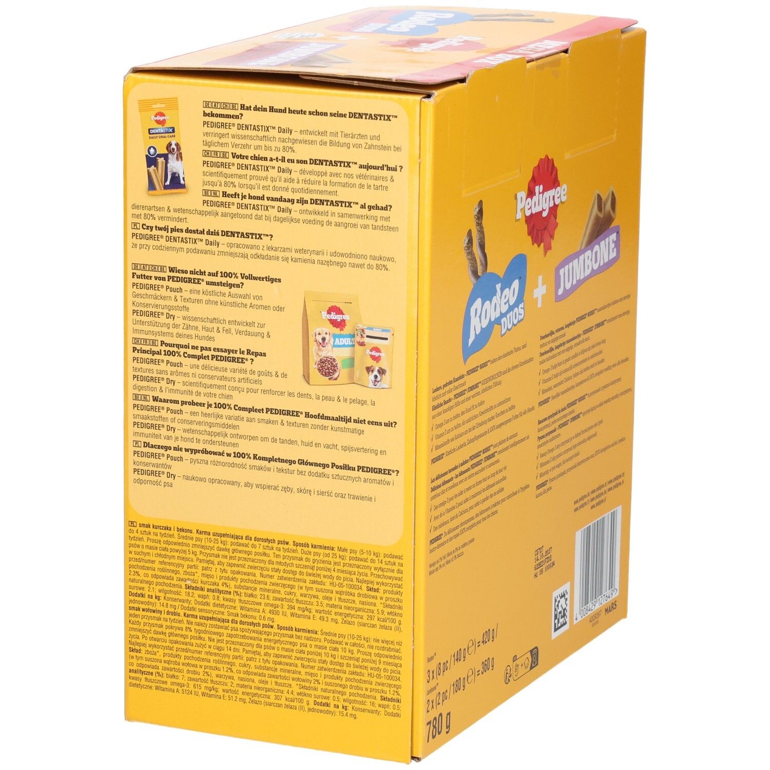 Vue latérale de la Pedigree Rodeo & Jumbone Megabox avec descriptions produit.