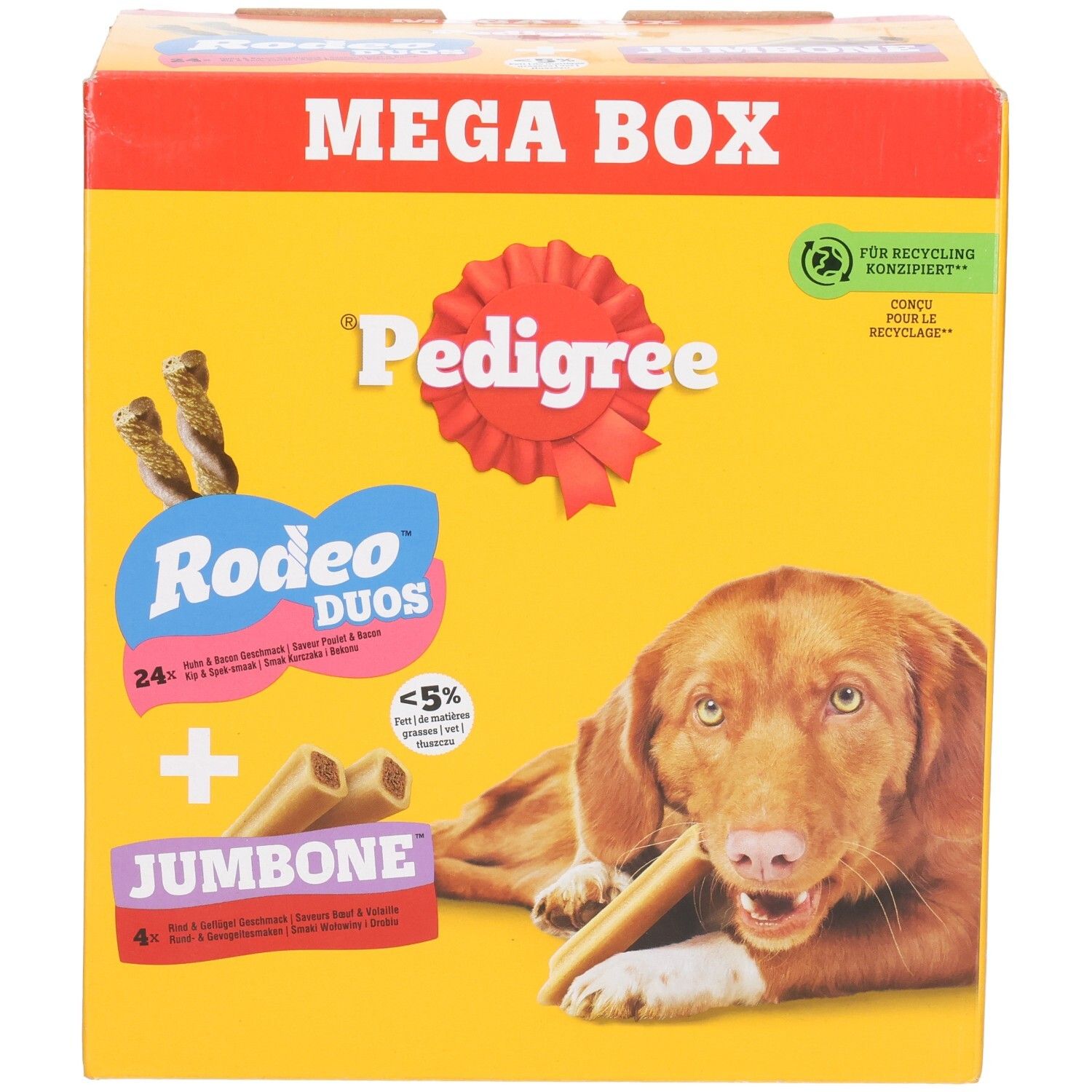 Avant de la Pedigree Rodeo & Jumbone Megabox avec chien et friandises.