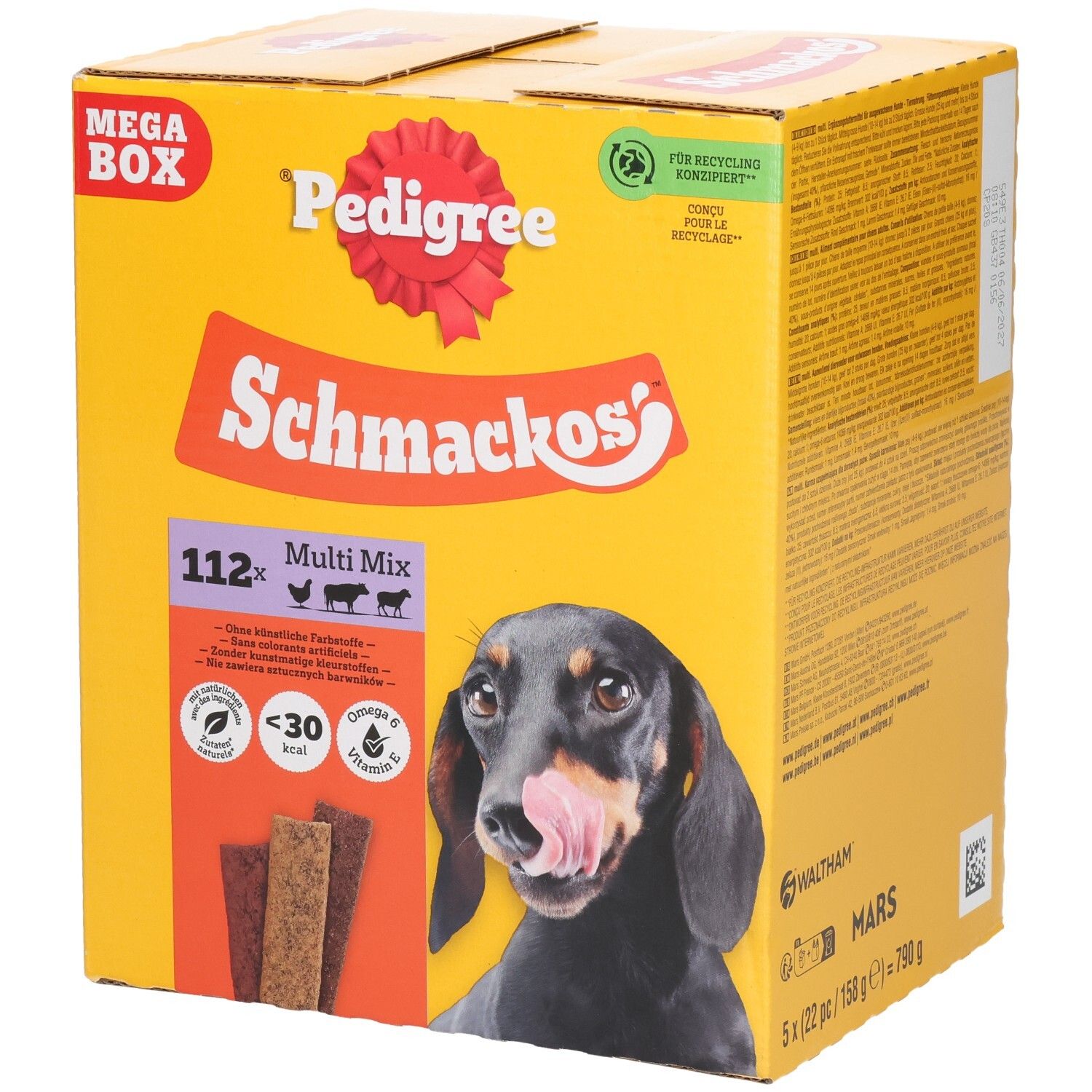 Pedigree Schmackos Mega Box avec 112 friandises multi-mix pour chiens. Contient trois variétés différentes.