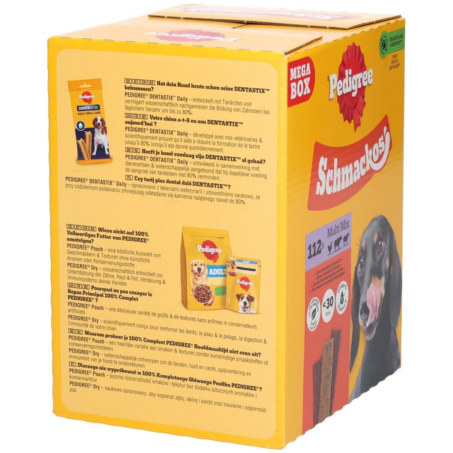 Pedigree Schmackos Mega Box avec 112 friandises multi-mix pour chiens. Contient trois variétés différentes.