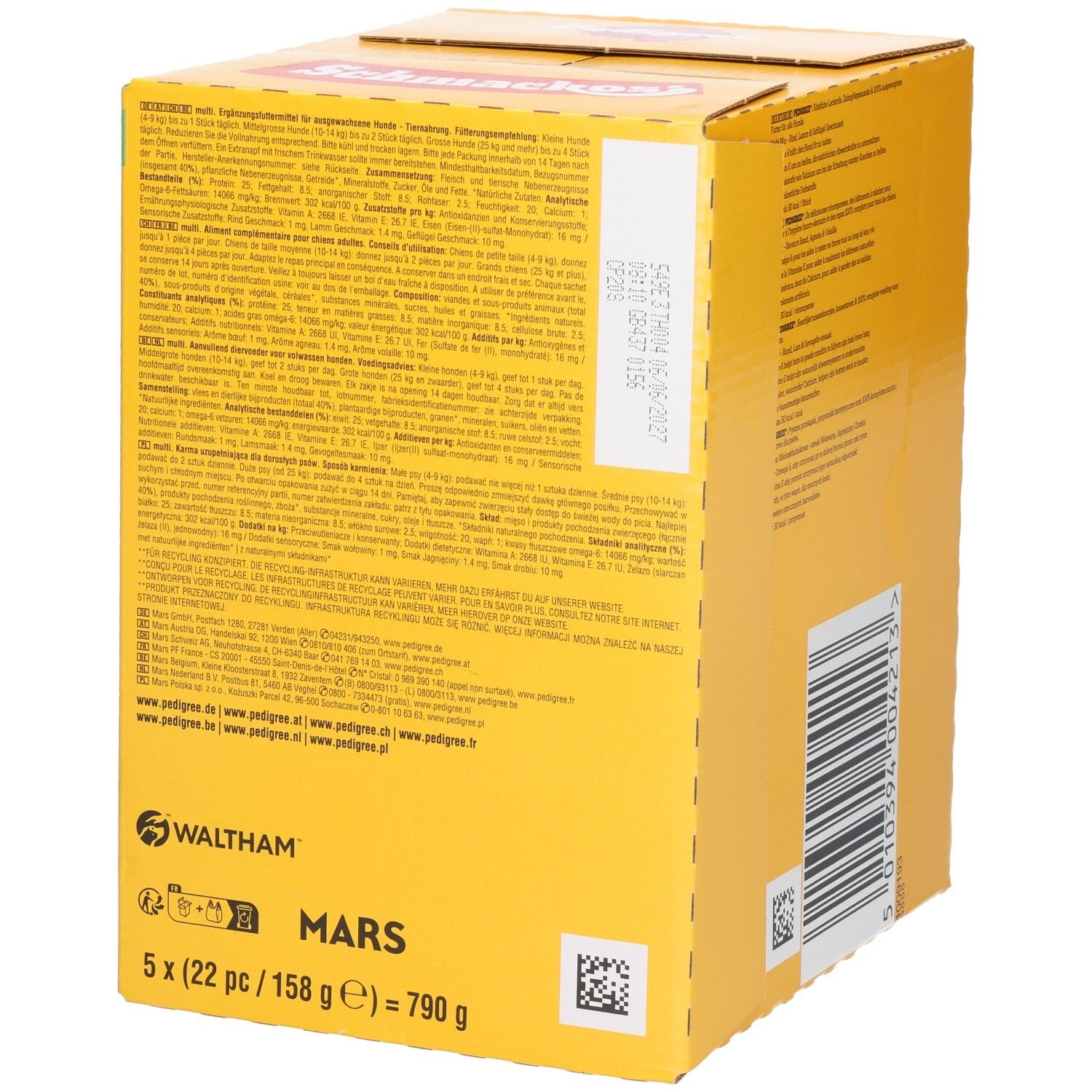 Arrière d'une boîte Pedigree Dentastix Mega Pack de 105 pièces pour chiens de 5-10kg. Avec Triple Action.