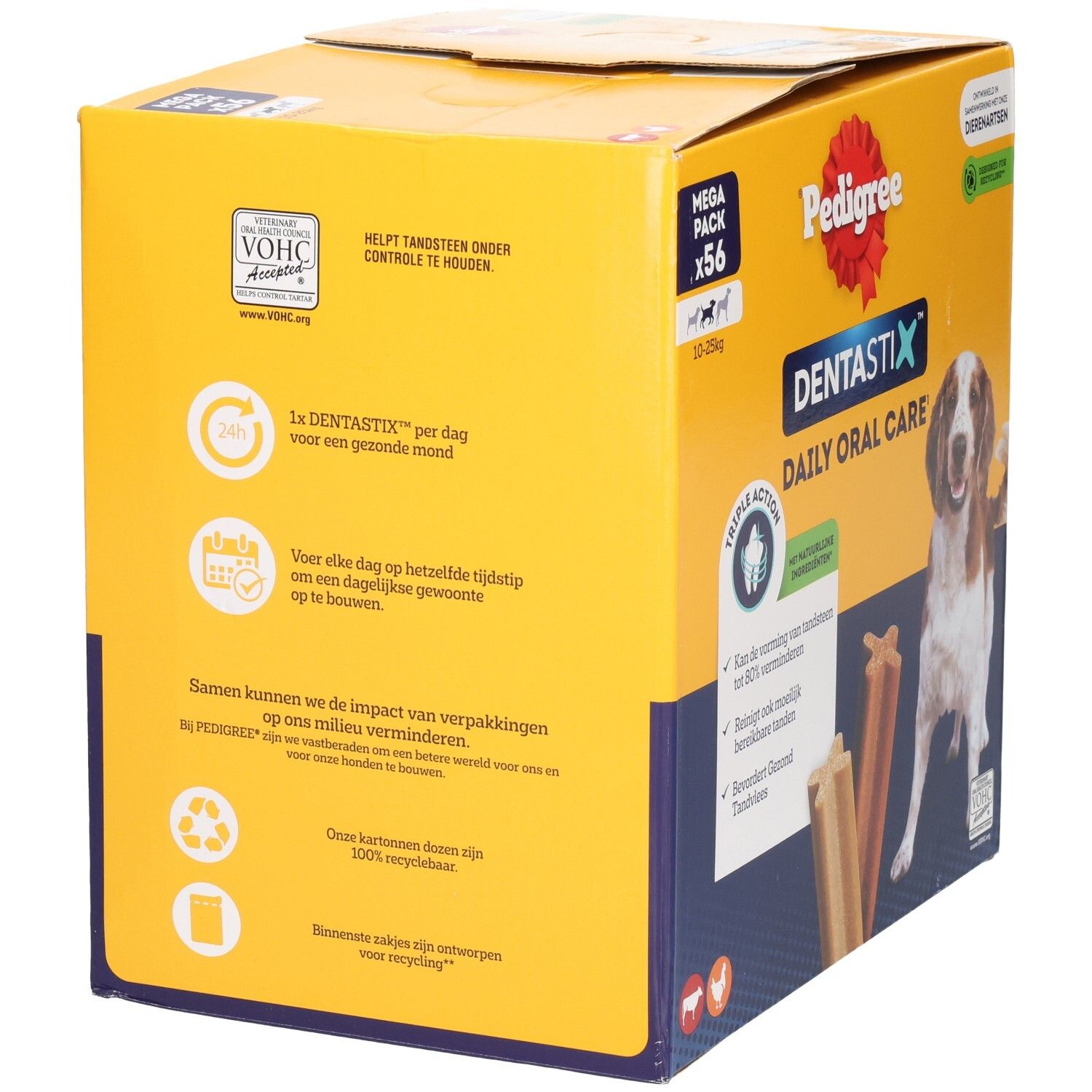 Arrière du Pedigree Dentastix Mega Pack 56 unités. Informations sur l'utilisation et la durabilité.