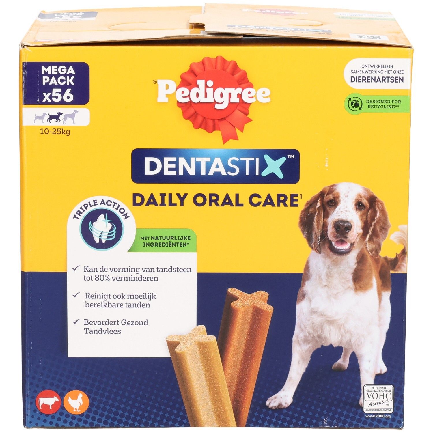 Avant Pedigree Dentastix Mega Pack 56 unités pour chiens de 10-25kg. Soin bucco-dentaire quotidien.