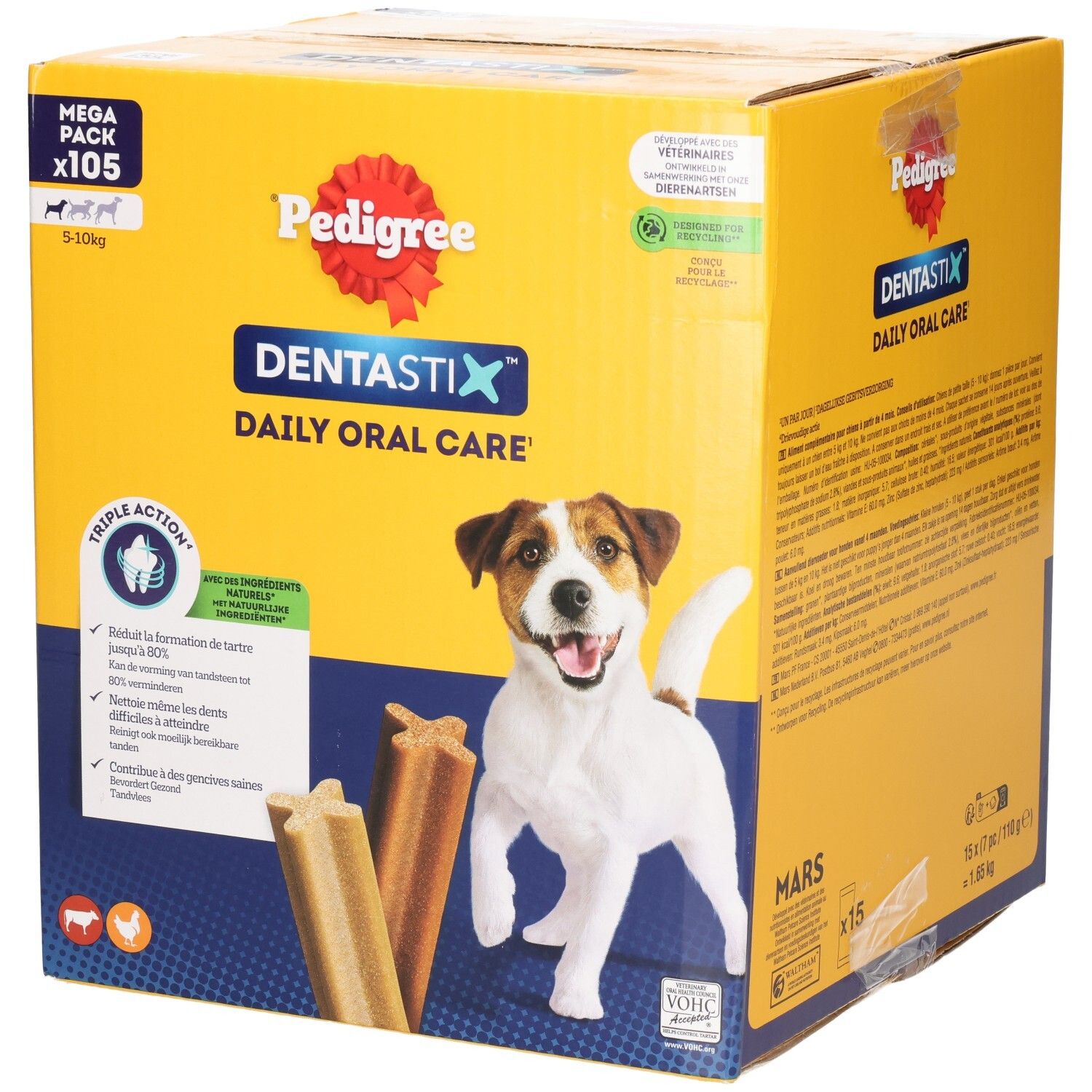 Pedigree Dentastix Mega Pack x105 pour chiens 5-10kg. Soin bucco-dentaire quotidien triple action.