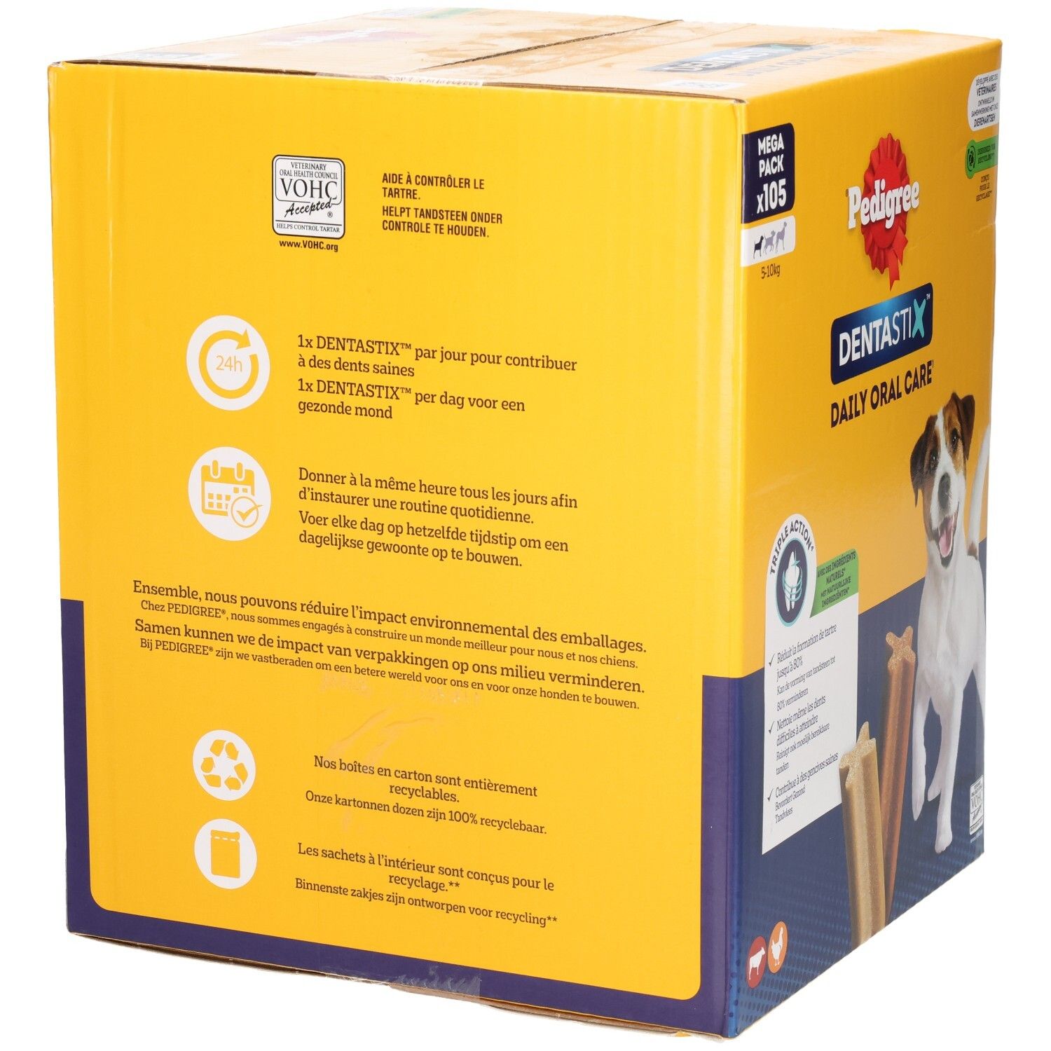Arrière du paquet Pedigree Dentastix avec informations sur l'utilisation et l'environnement.