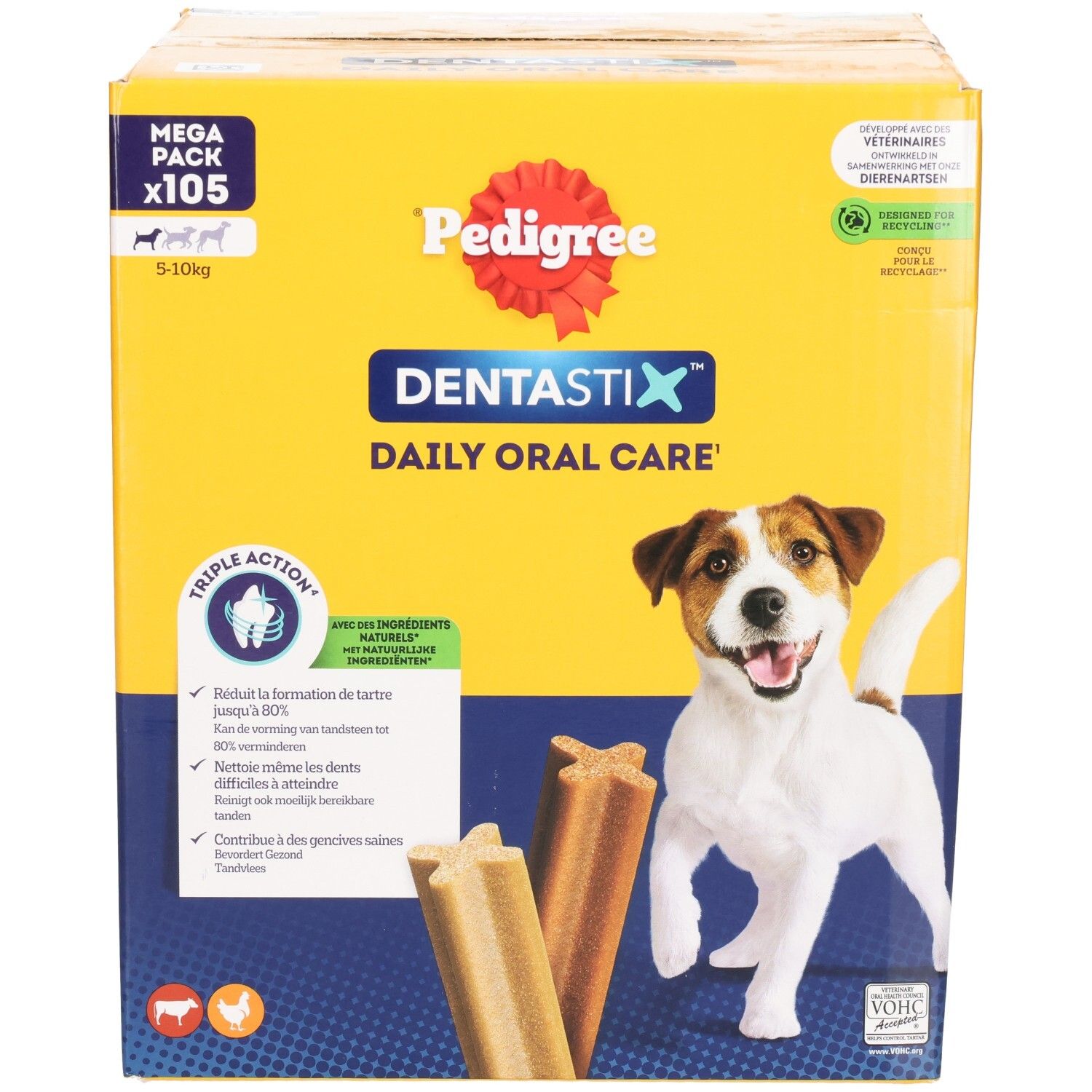 Pedigree Dentastix Mega Pack x105 pour chiens 5-10kg. Soin bucco-dentaire quotidien triple action.